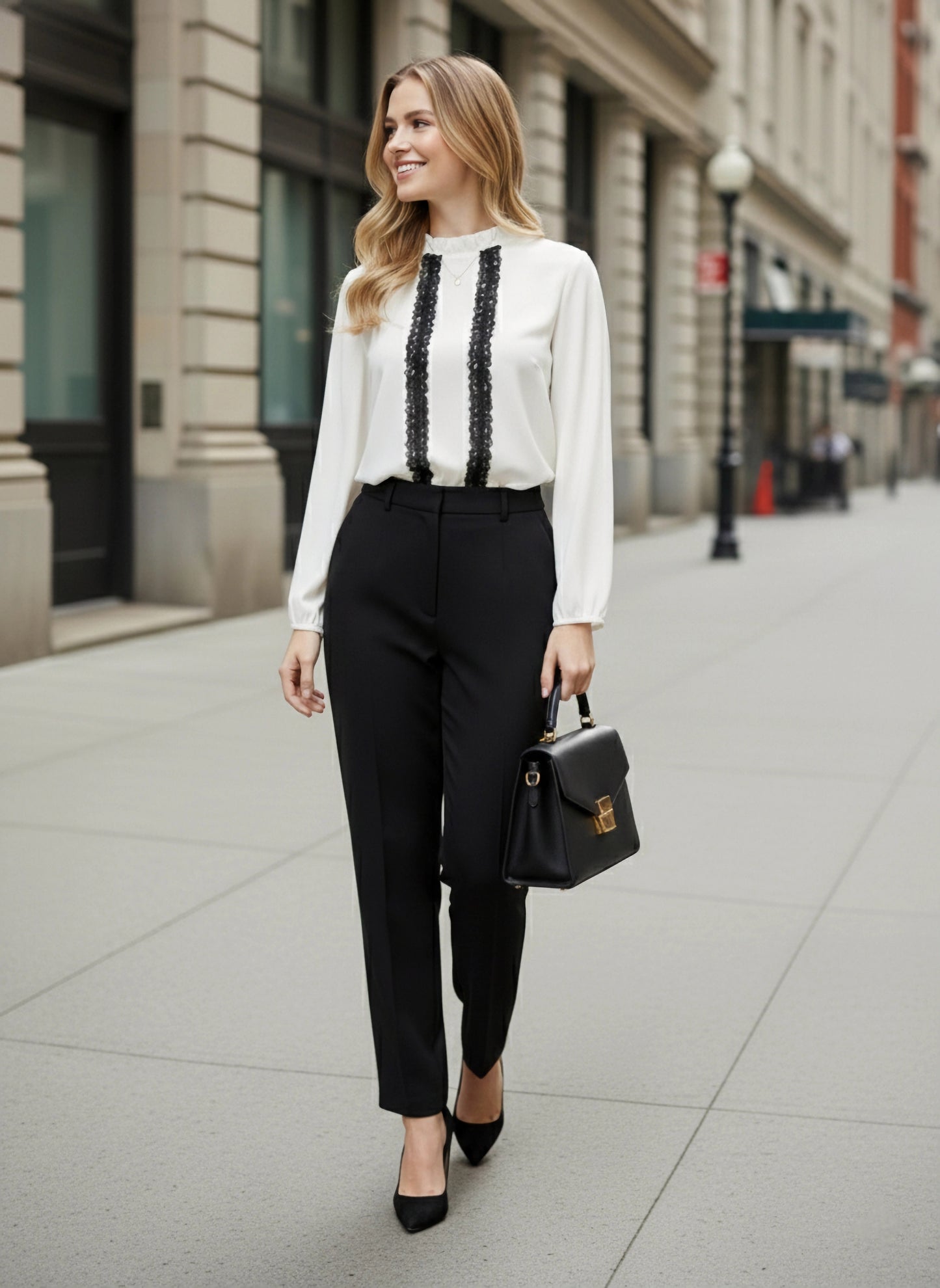 Solid White & Black Mock Neck Lace-Up Keyhole Back Ruffled Regular Top