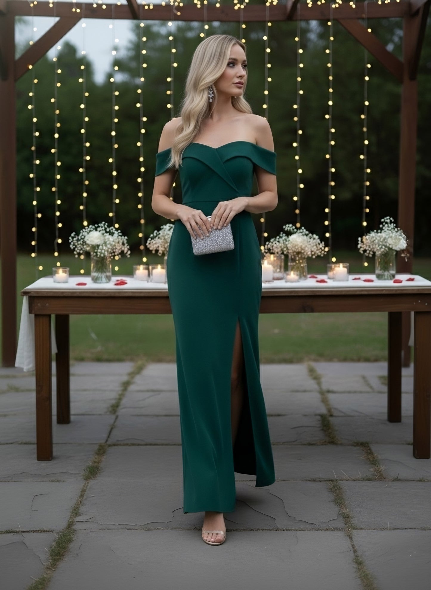 Berrylush Women Solid Green Off-Shoulder Neck Crepe Thigh-High Slit Flared A-Line Maxi Dress