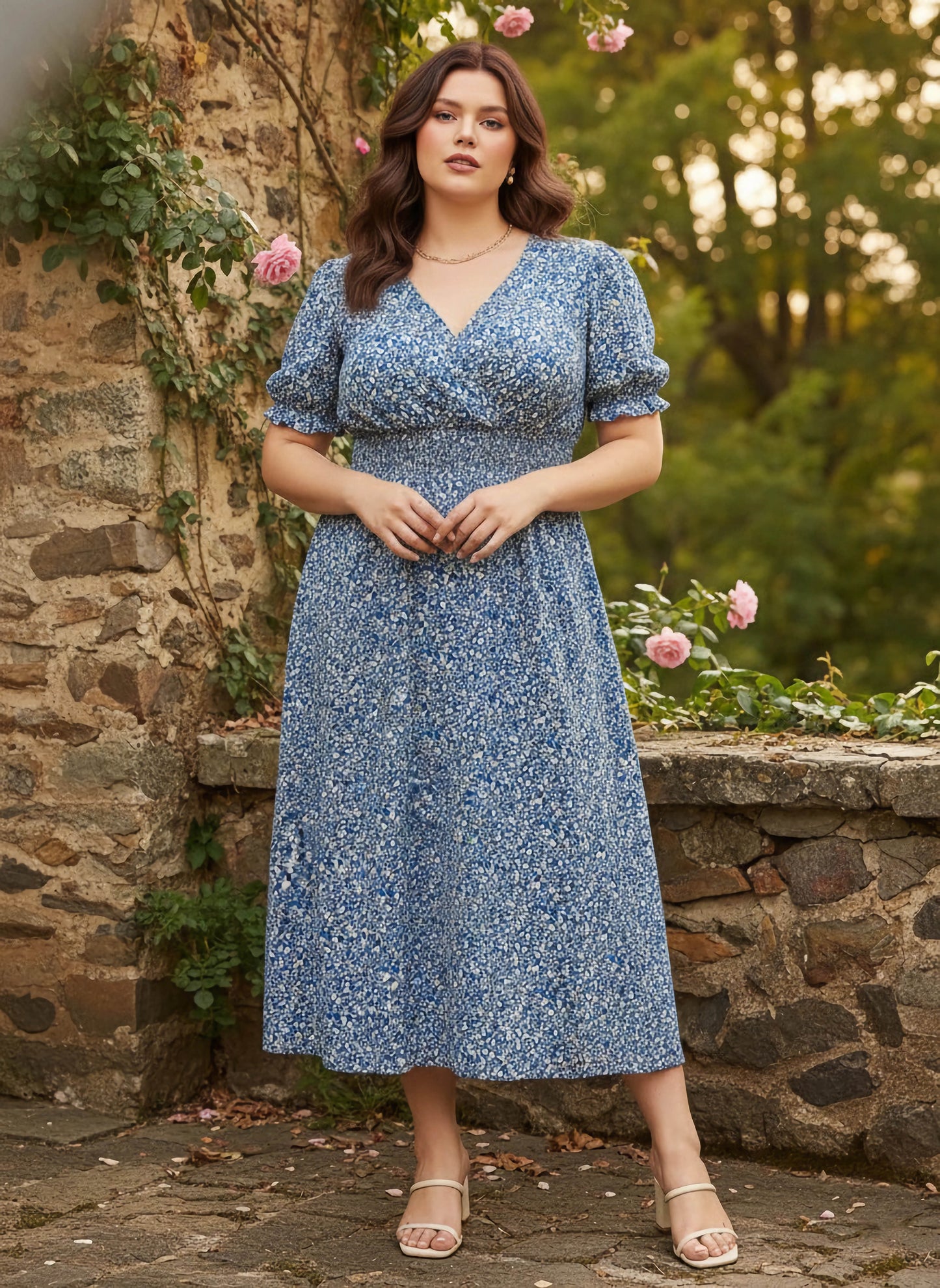 Curve Blue & White Floral Printed V-Neck Puff Sleeves Smocked Waist A-line Maxi Dress
