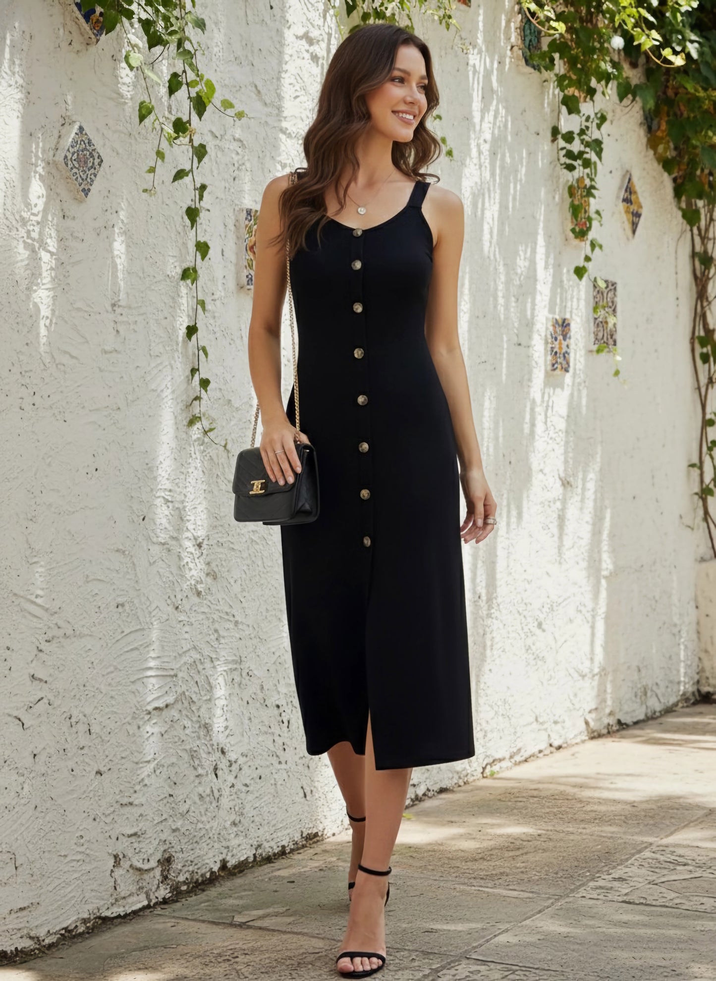 Berrylush Women Solid Black V-Neck Front Button-Up Crepe Thigh-High Slit Straight Hem Bodycon Midi Dress