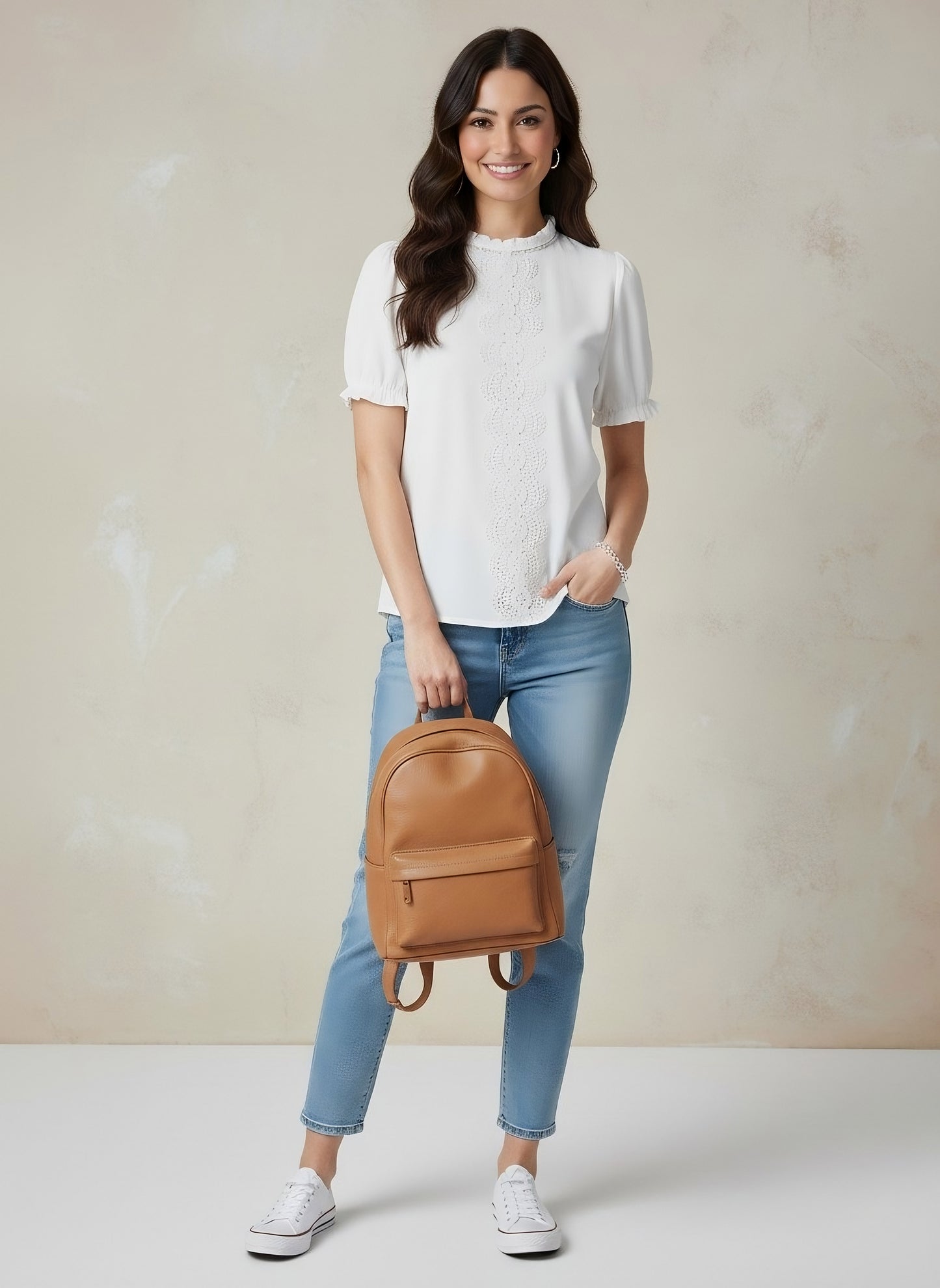 Berrylush Women White Solid Stand Collar Puff Sleeve Regular Top