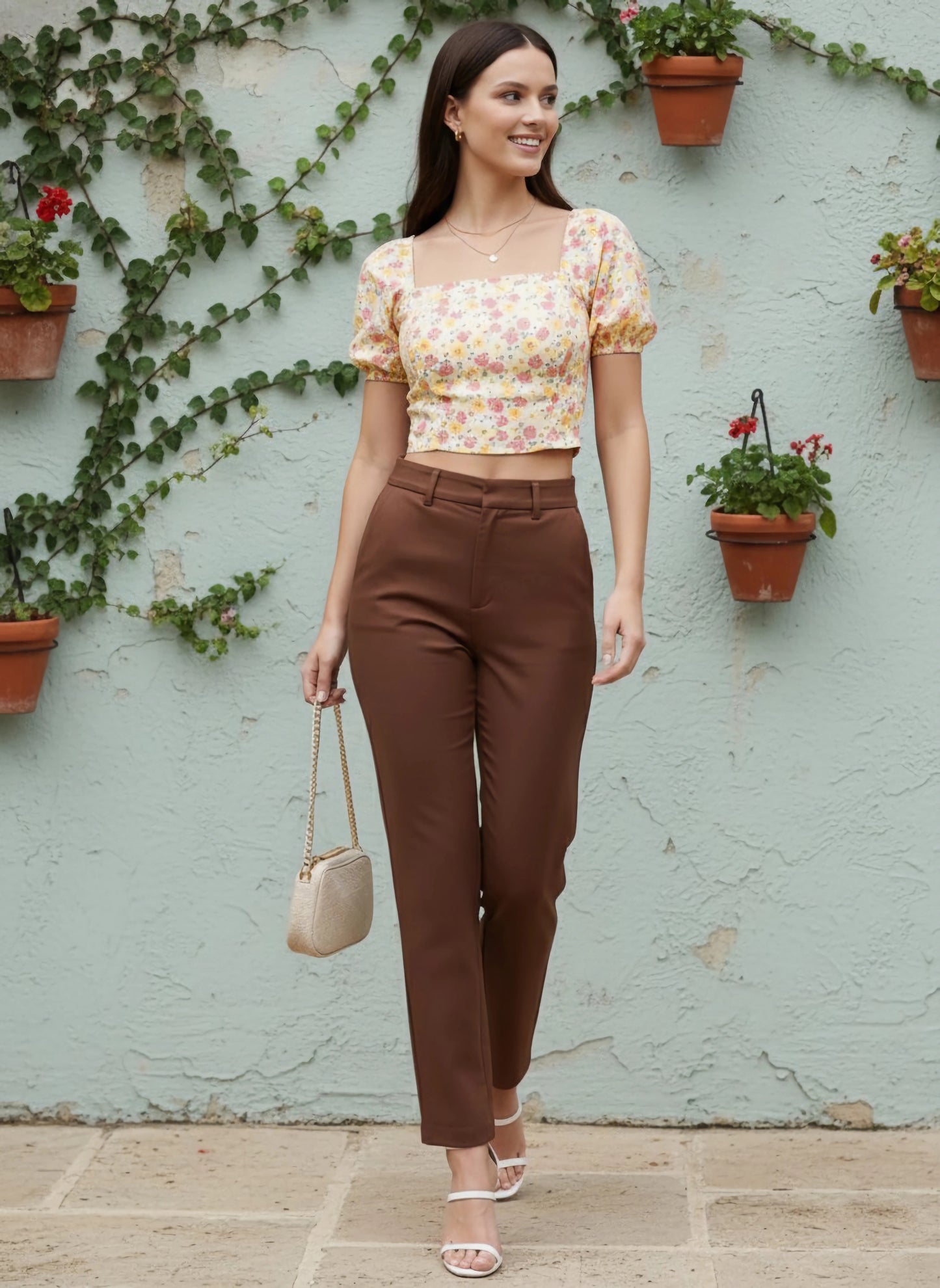 Berrylush Women White & Pink Floral Printed Square Neck Crepe Cropped Top