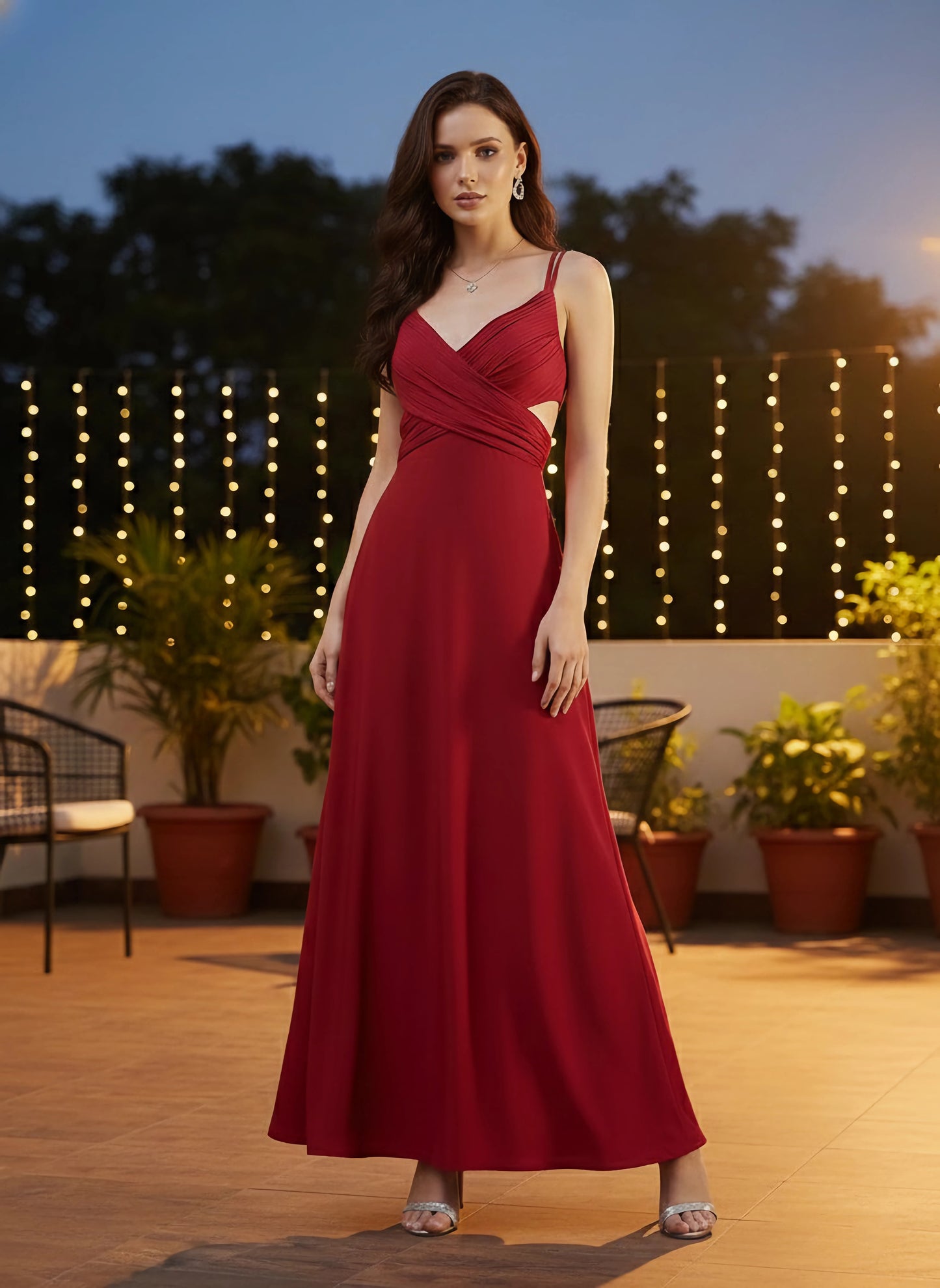 Solid Red V-Neck Sleeveless Waist Cut-Out Flared Maxi Dress