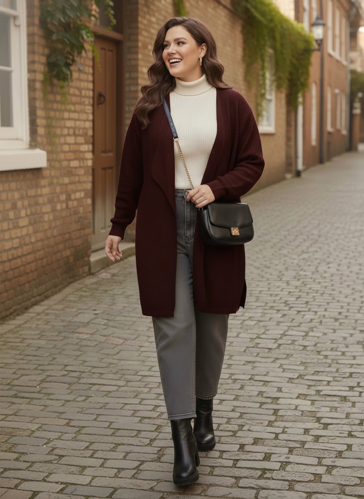 Berrylush Curve Women Solid Maroon Open-Front Acrylic Straight Hem Knitted Longline Cardigan