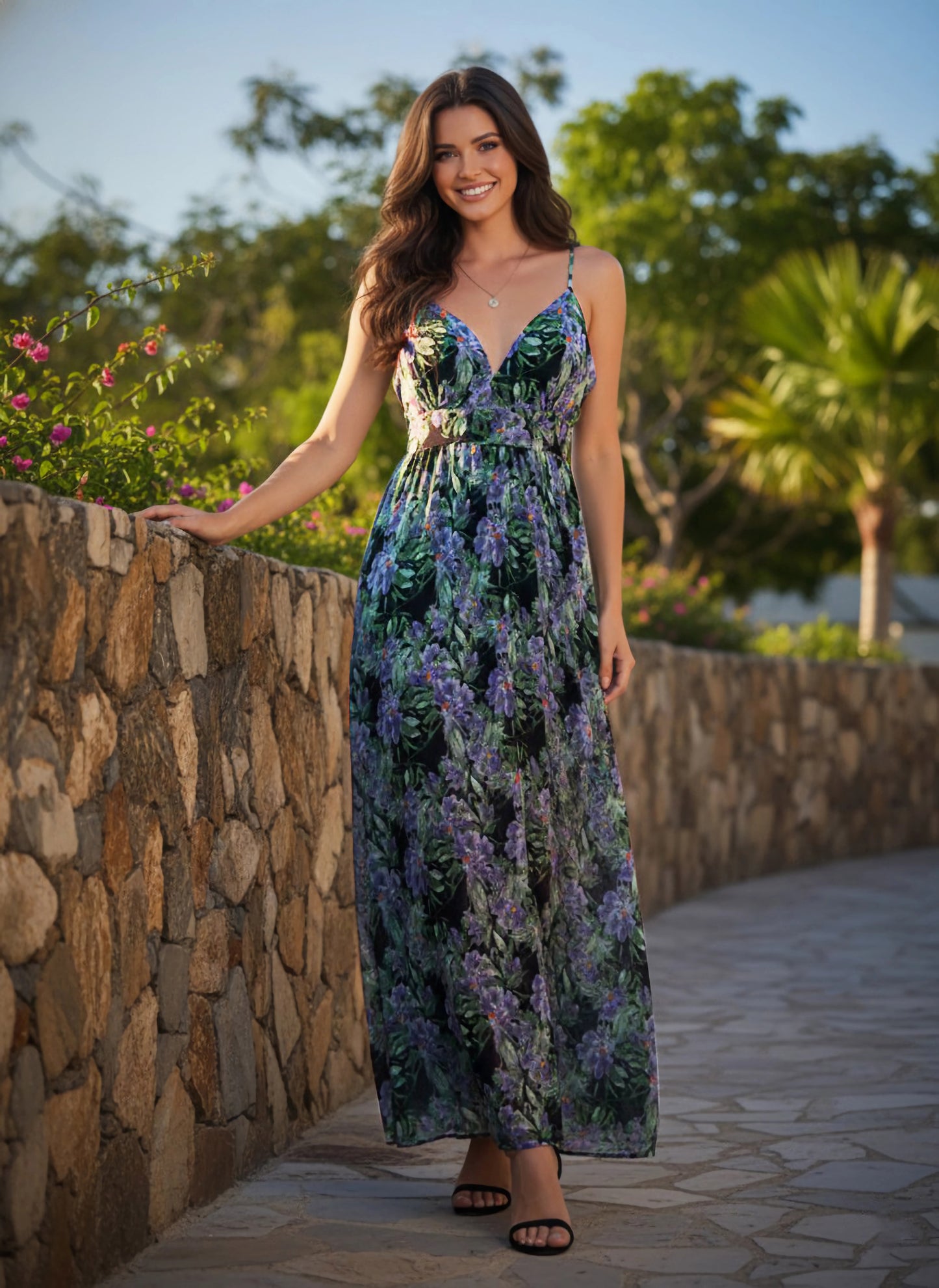 Berrylush Women Black & Purple Tropical Printed V-Neck Sleeveless Zipper-Up Woven Fit & Flare Maxi Dress