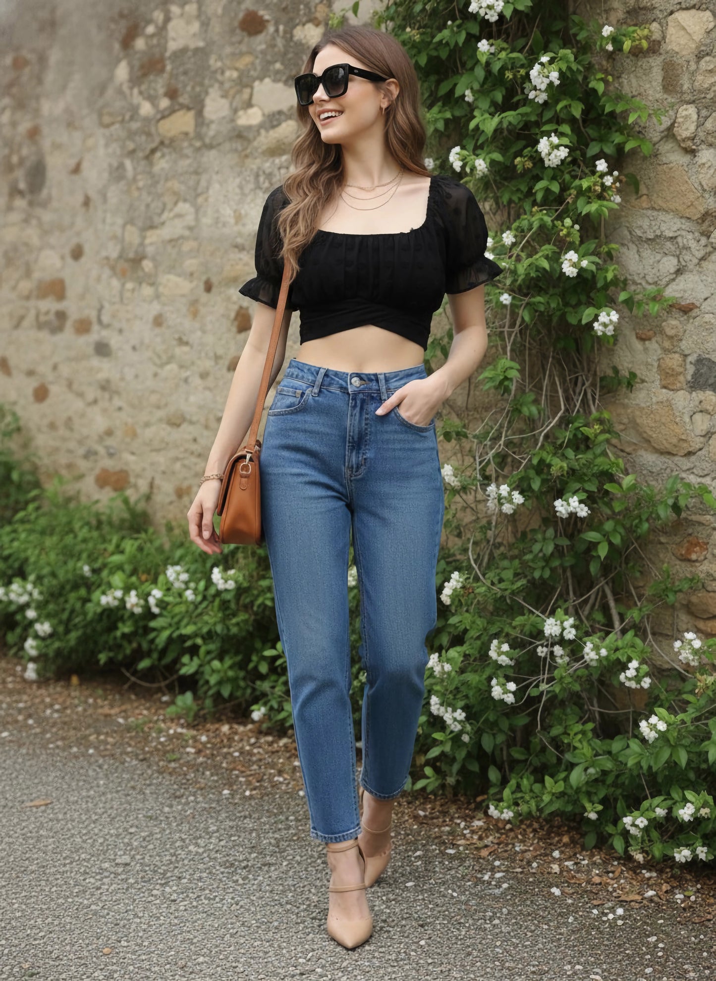 Berrylush Women Solid Black Polka Dot Dobby Weave Square Neck Jacquard Styled Back Crop Top