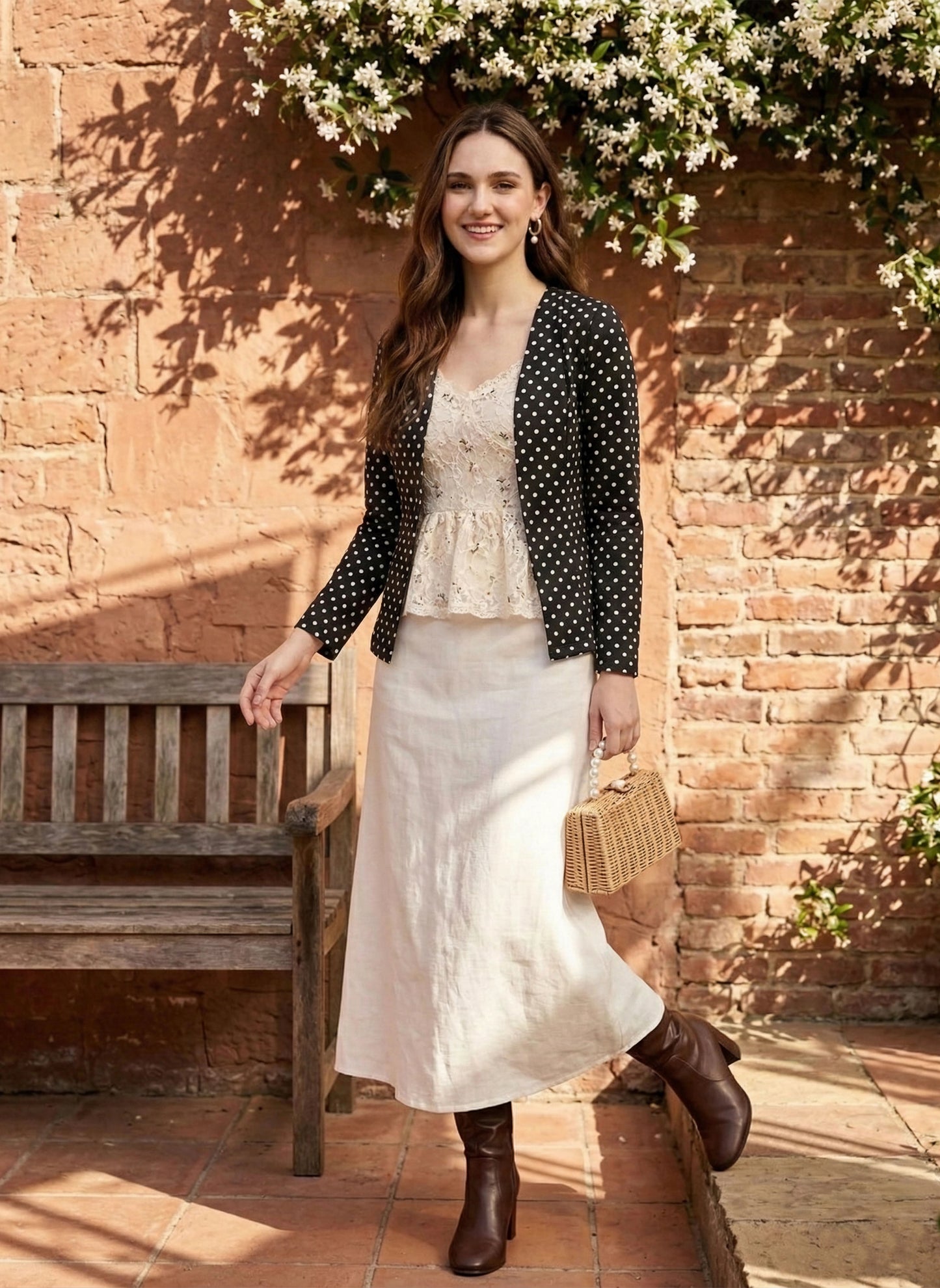Berrylush Women Black & White Polka Dot Printed Collarless Open Front Straight Jacket