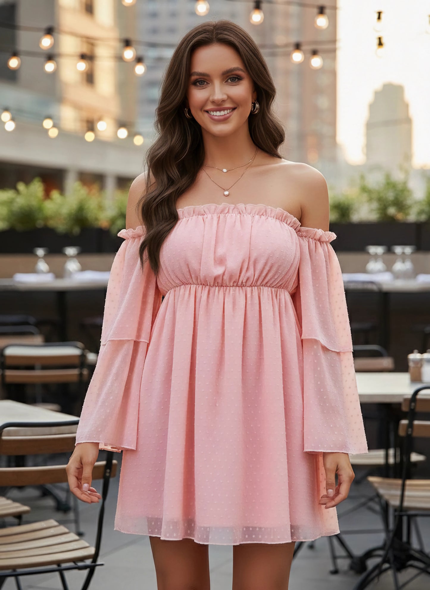 Solid Pink Dobby Weave Off-Shoulder Neck Flutter Sleeve Ruffled A-Line Mini Dress