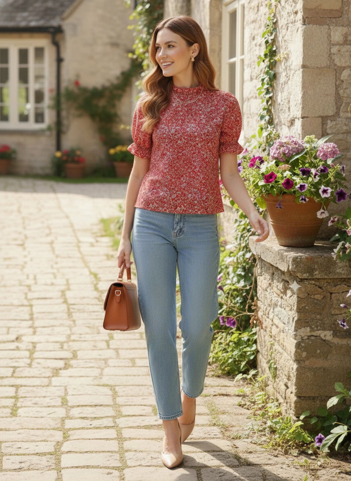 Berrylush Women Red & White Floral Printed High Neck Keyhole Back Pleated Regular Top