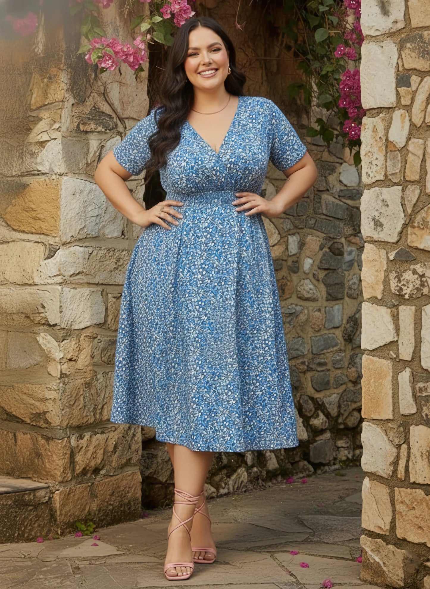 Curve Blue & White Floral Printed V-Neck Short Sleeves Smocked Fit & Flare Midi Dress