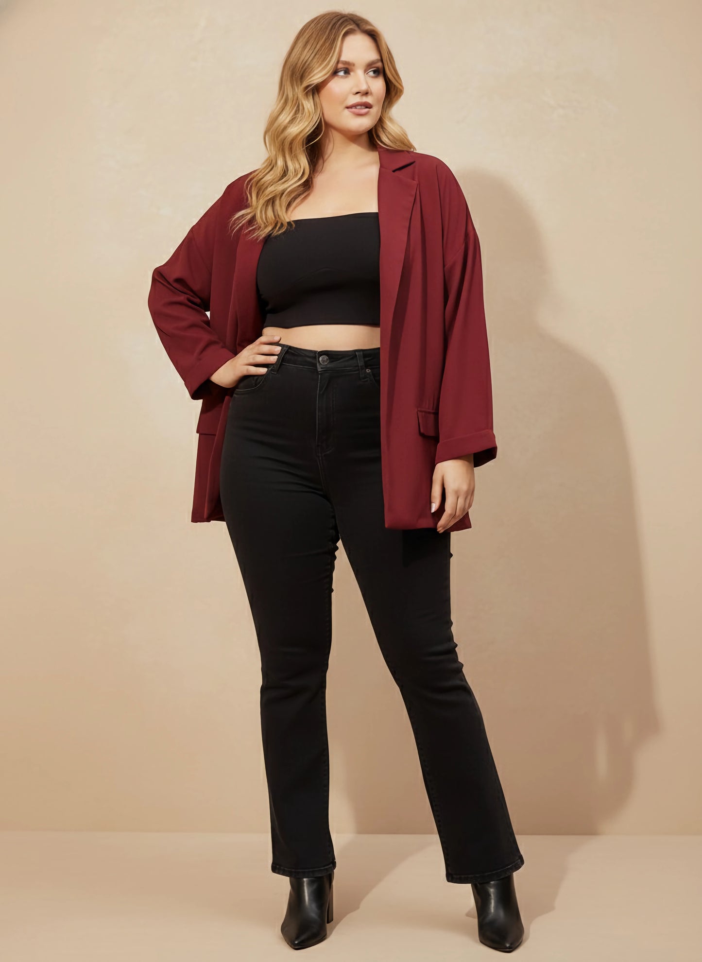 Berrylush Women Plus Size Solid Maroon Notched Lapel Neck Long Sleeve Open Front Longline Blazer
