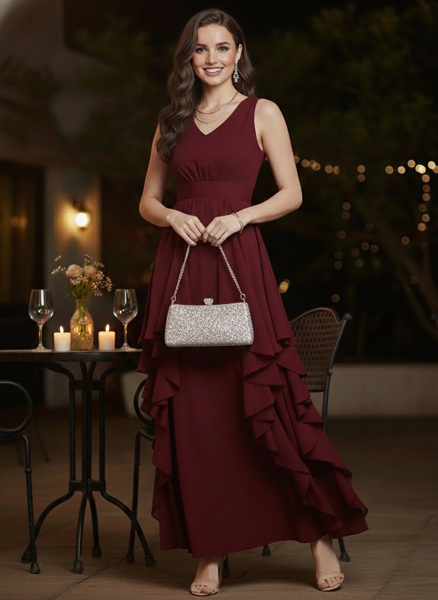 Berrylush Women Solid Maroon V-Neck Crepe Asymmetrical Hem Ruffled Maxi Dress