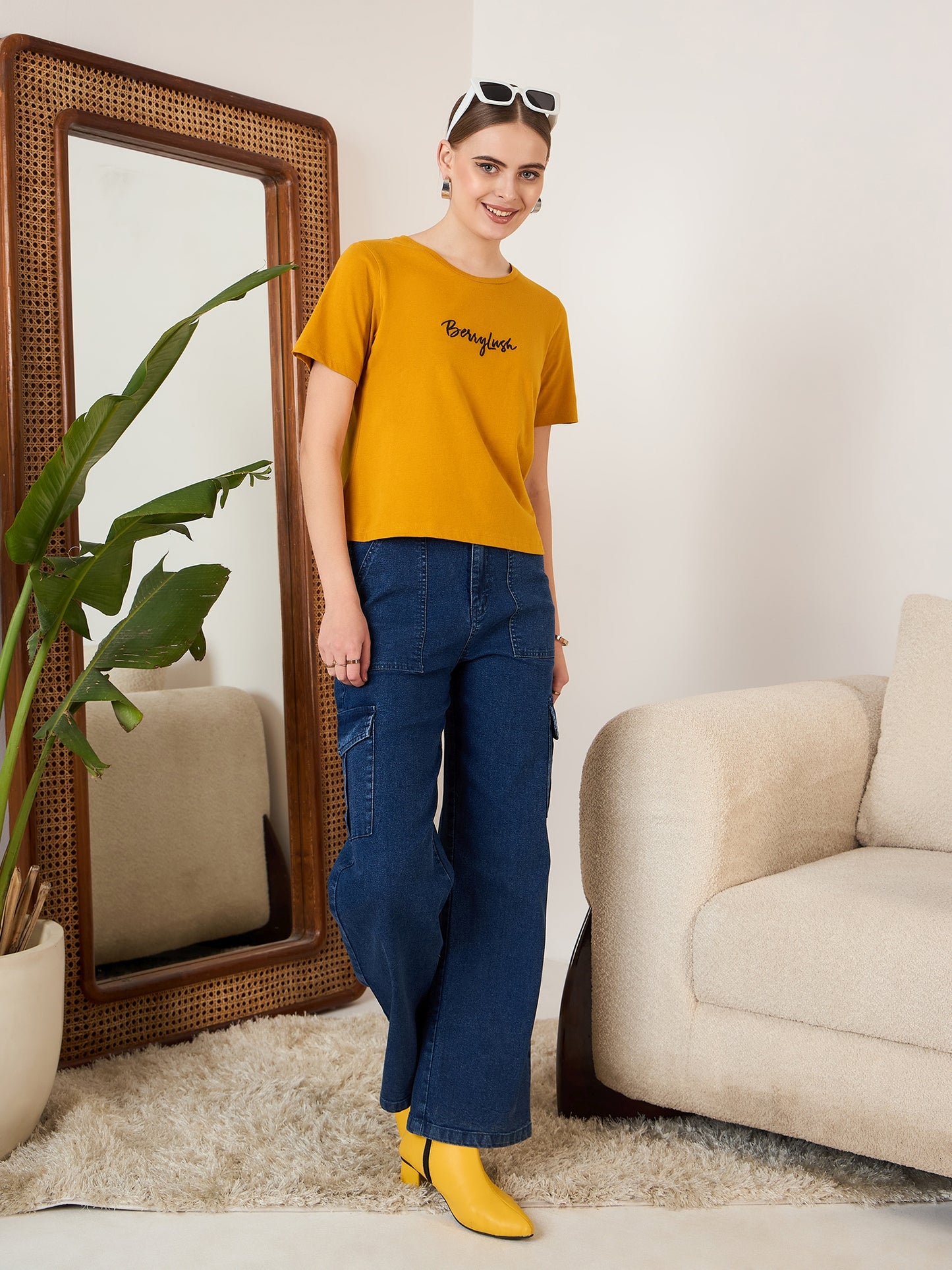 Berrylush Women Solid Mustard Yellow Round Neck Front Brand Logo Short Sleeves Knitted Regular T-Shirt