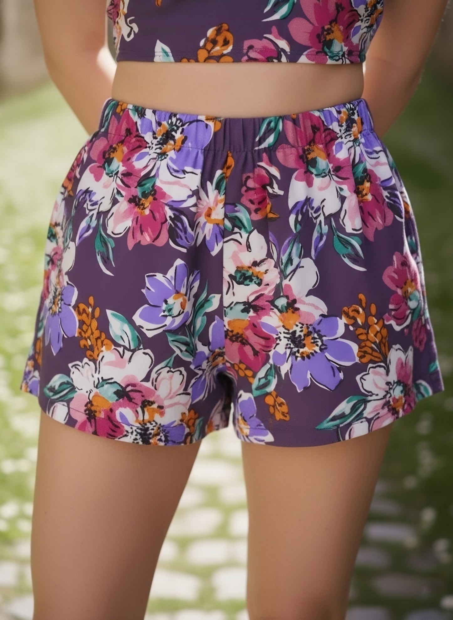 Berrylush Women Purple & White Floral Printed Halter Neck Back Tie-up Co-Ordinate Set