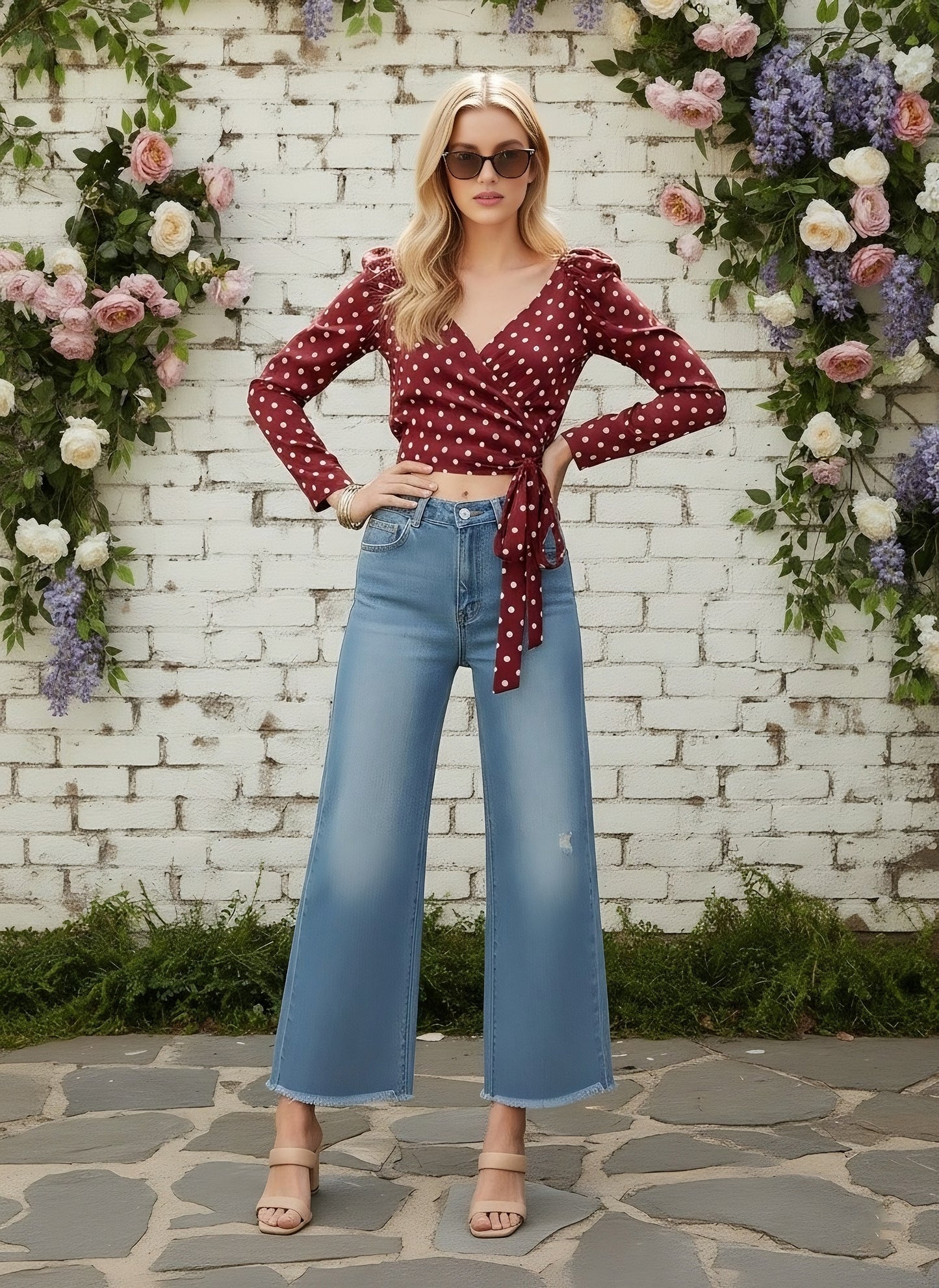 Berrylush Women Red Puff Sleeve Wrap Polka-Dot Crop Top