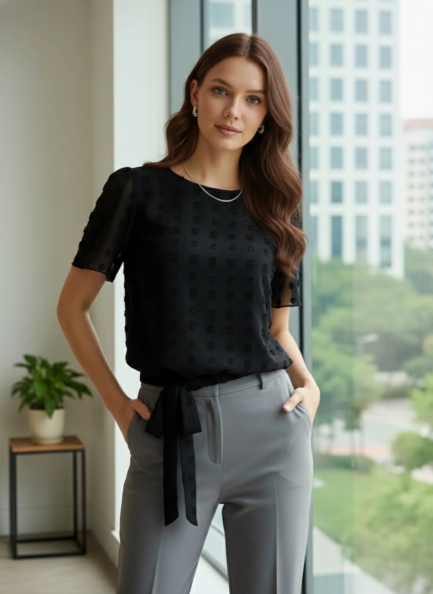 Berrylush BIZwear Women Solid Black Dobby Weave Round Neck Flutter Sleeves Knot Hem Regular Blouse