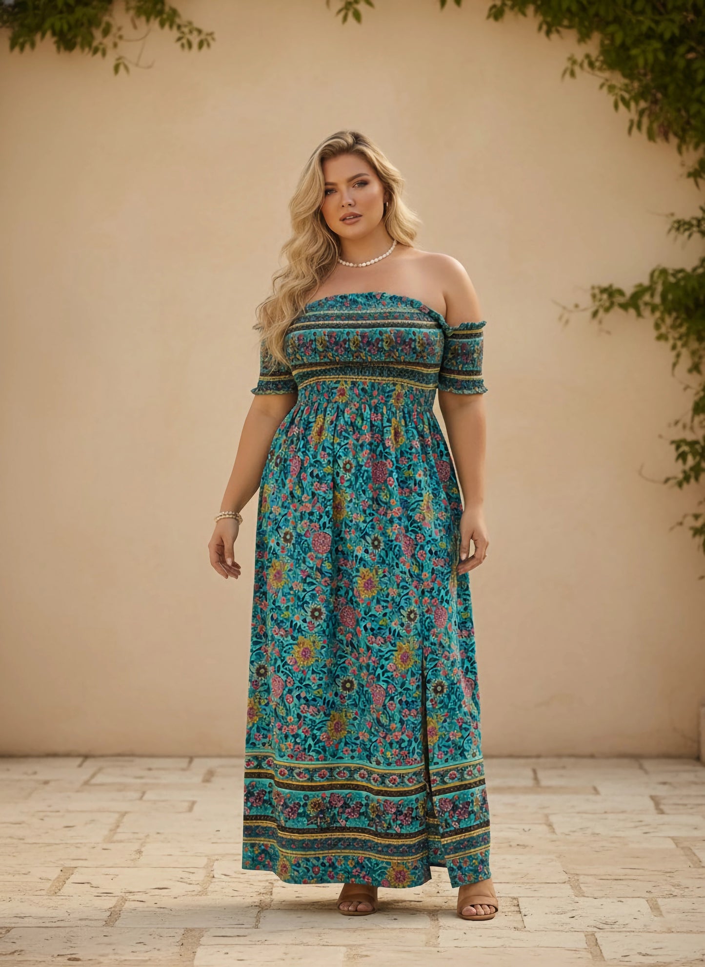 Berrylush Curve Women Blue & Multicolour Floral Printed Off-Shoulder Neck Frill Sleeves Thigh-High Slit Smocked A-Line Maxi Dress