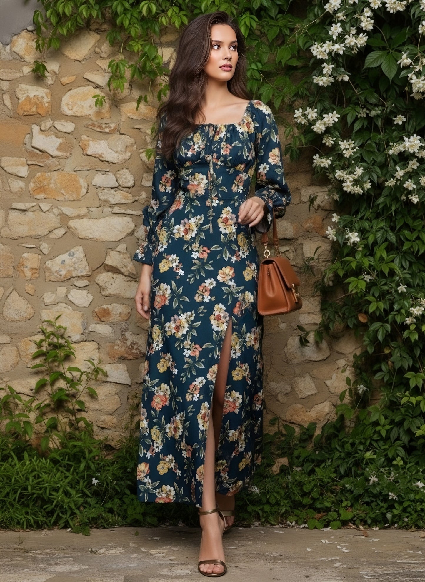 Berrylush Women Green & White Floral Printed Square Neck Front Tie-Up Thigh-High Slit Pleated A-Line Maxi Dress