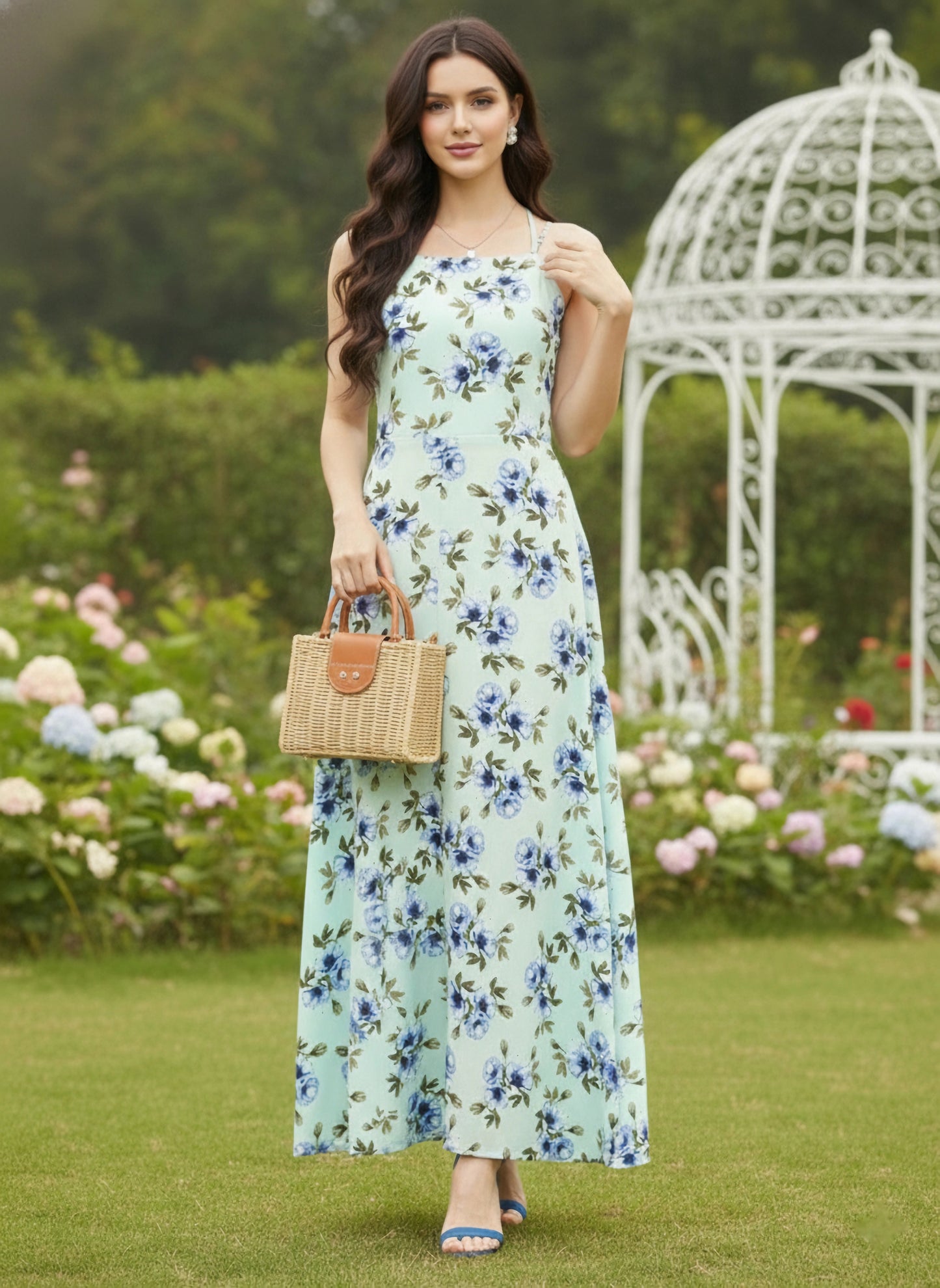 Berrylush Women Green Floral Print Tie-up Maxi Dress