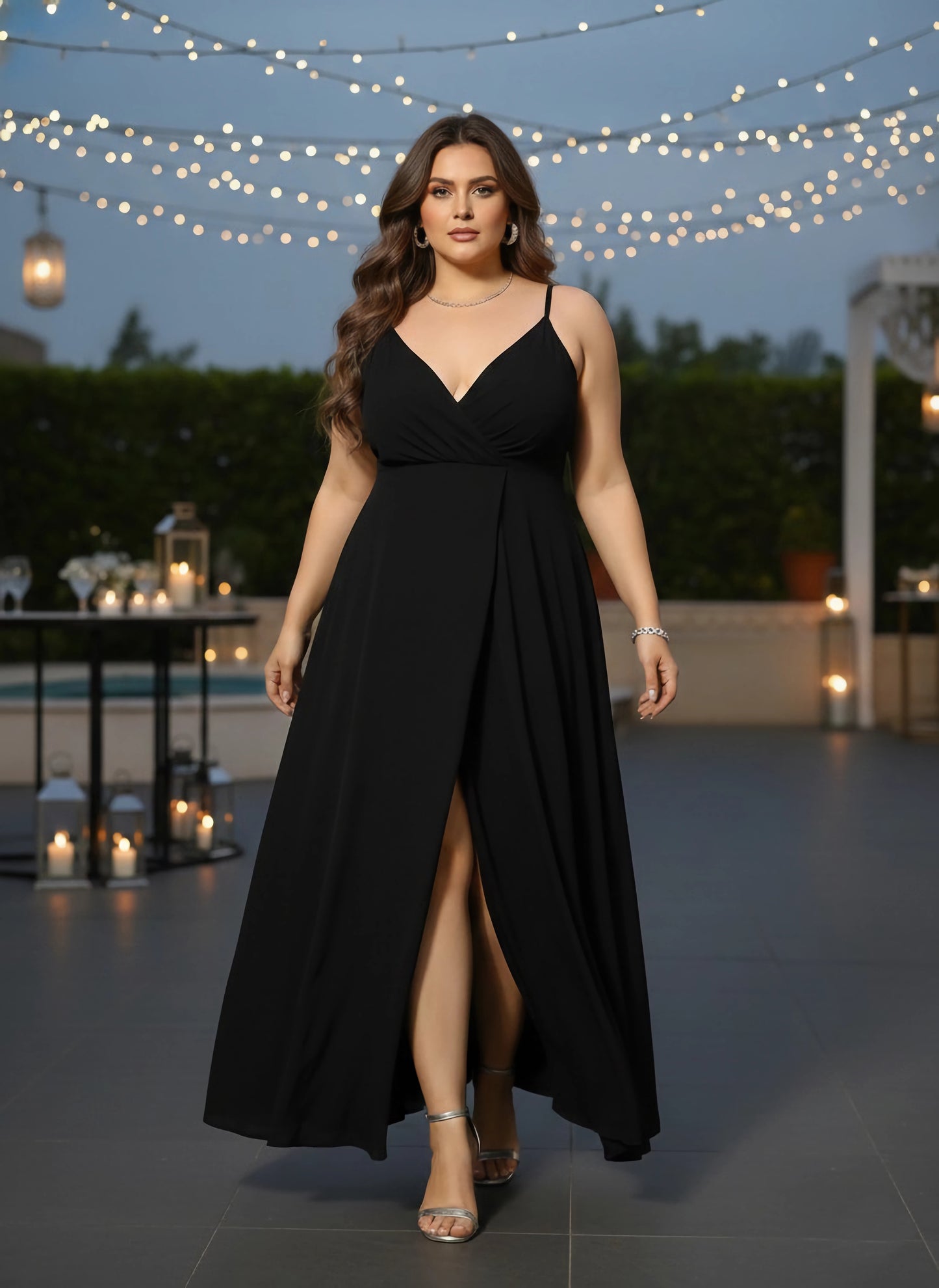 Women Plus Size Solid Black V-Neck Sleeveless Crepe Thigh-High Slit Flared Maxi Dress - Berrylush Women Plus Size Solid Black V-Neck Sleeveless Crepe Thigh-High Slit Flared Maxi Dress - Berrylush