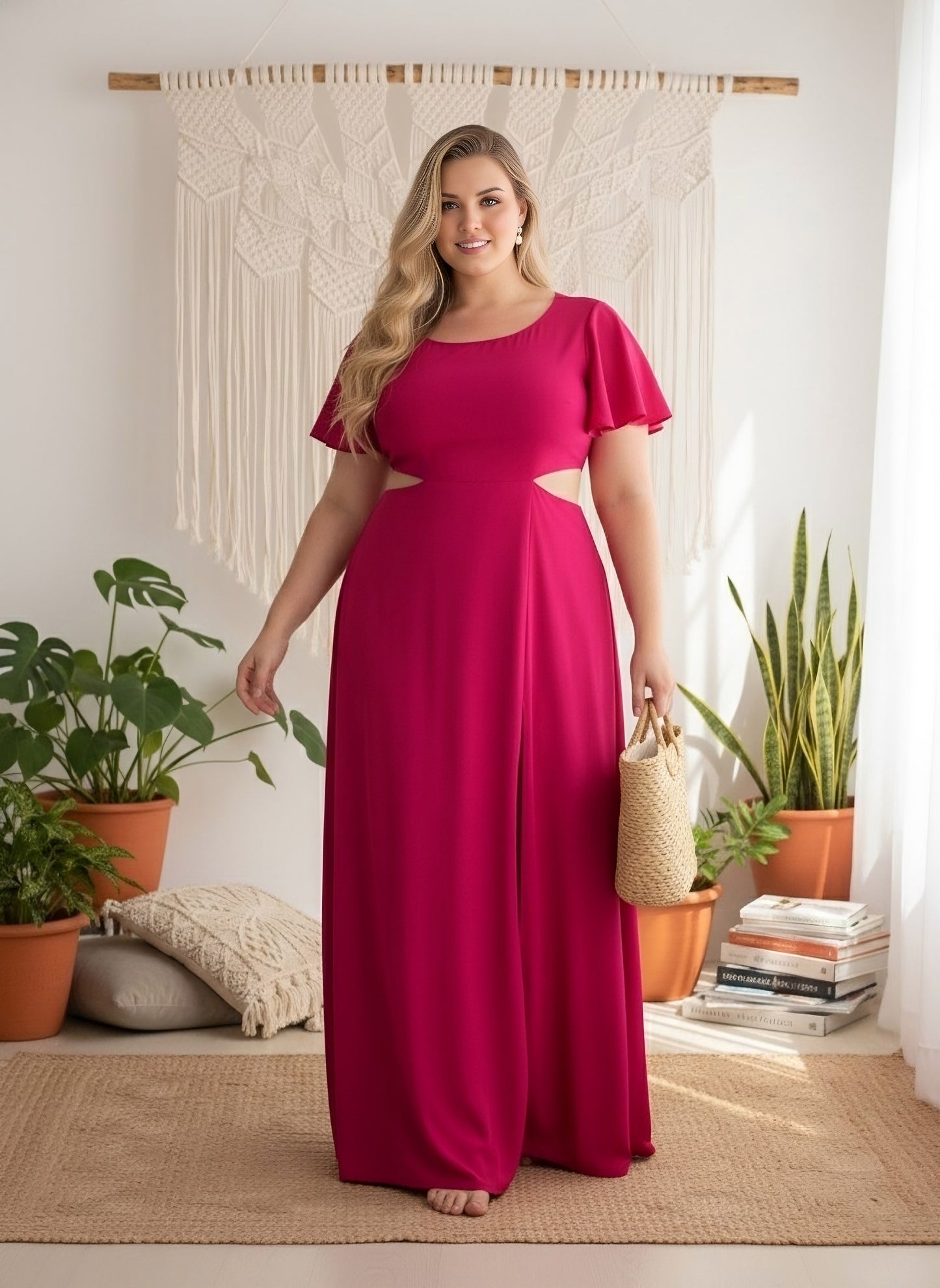 Berrylush Curve Women Solid Pink Round Neck Cut-Out Crepe Thigh-High Slit Fit & Flare Maxi Dress