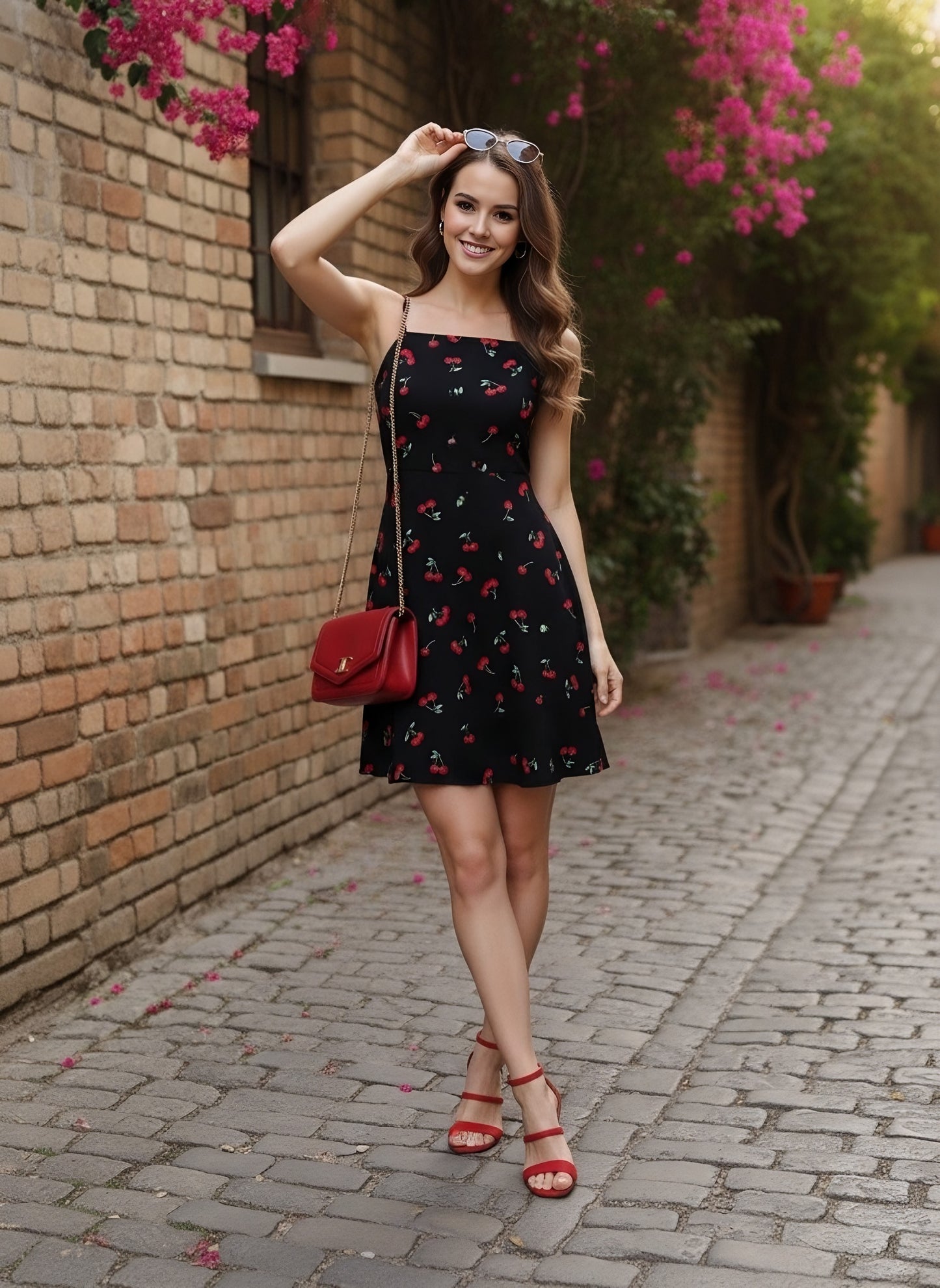 Berrylush Women Black & Red Cherry Printed Square Neck Crepe Flared A-Line Mini Dress