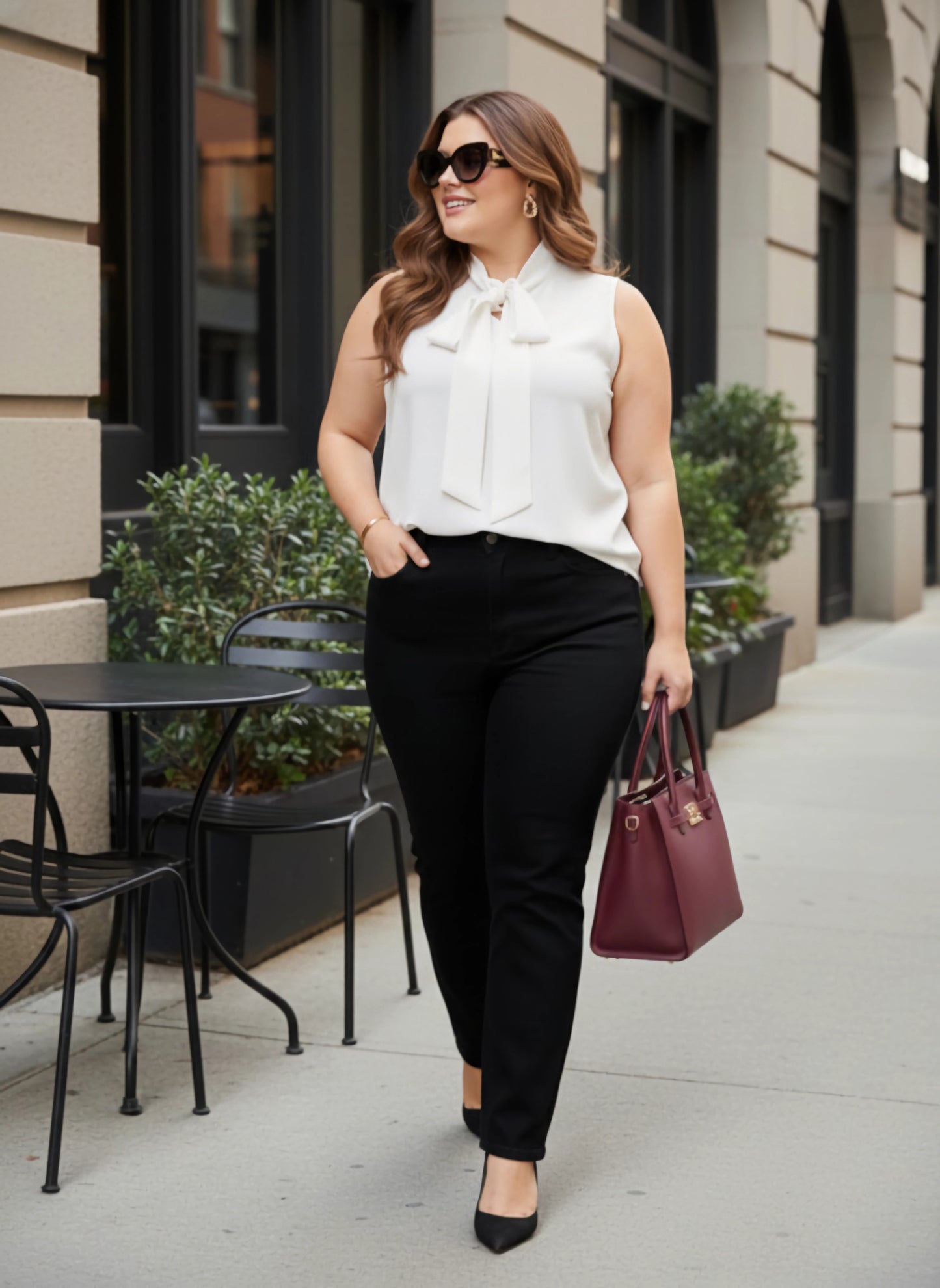 Curve Solid White Tie-Up Neck Sleeveless Curved Hem Regular Top