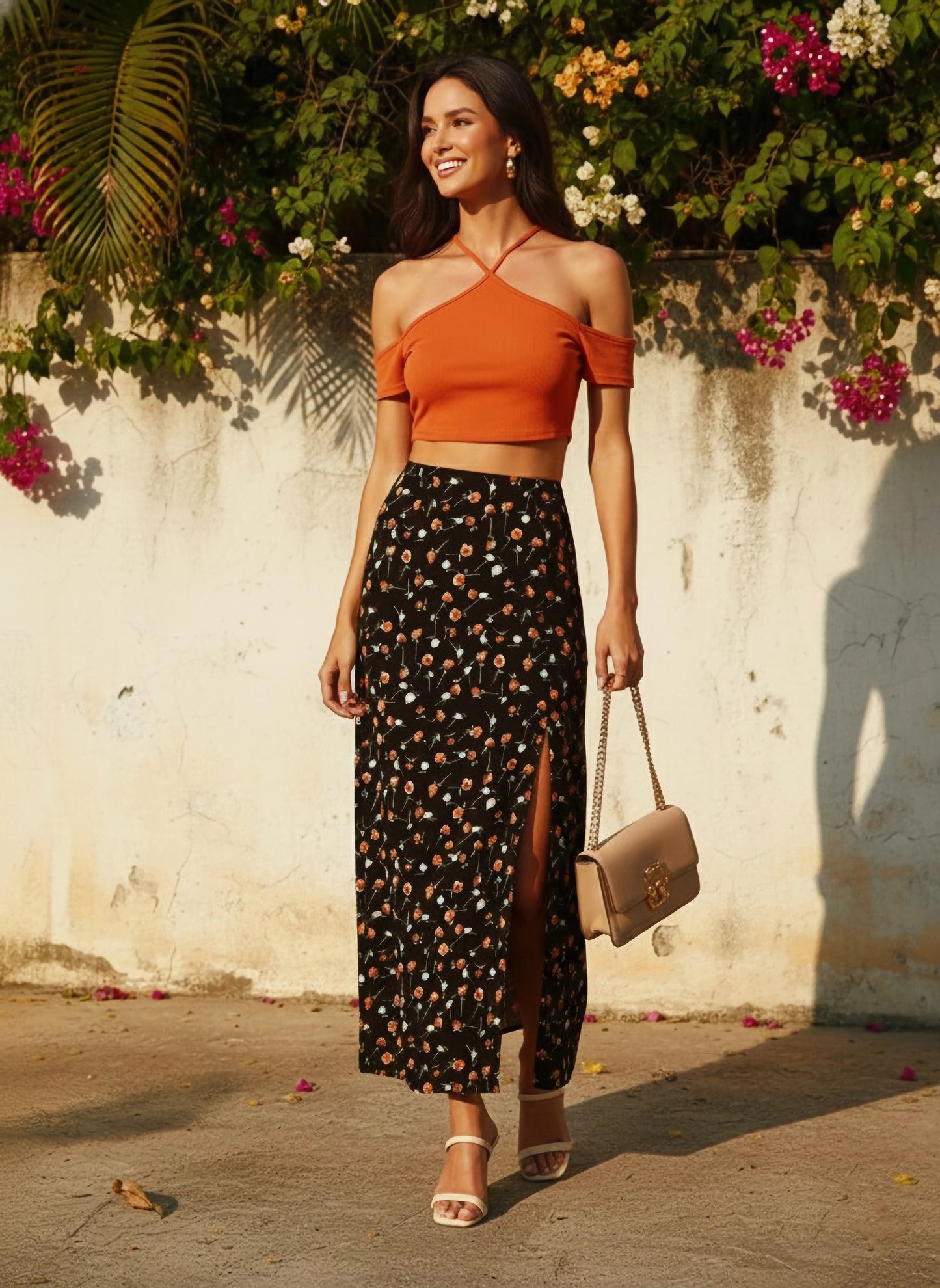 Berrylush Women Black Ditsy Floral Printed Thigh-High Slit Straight Midi Pencil Skirt