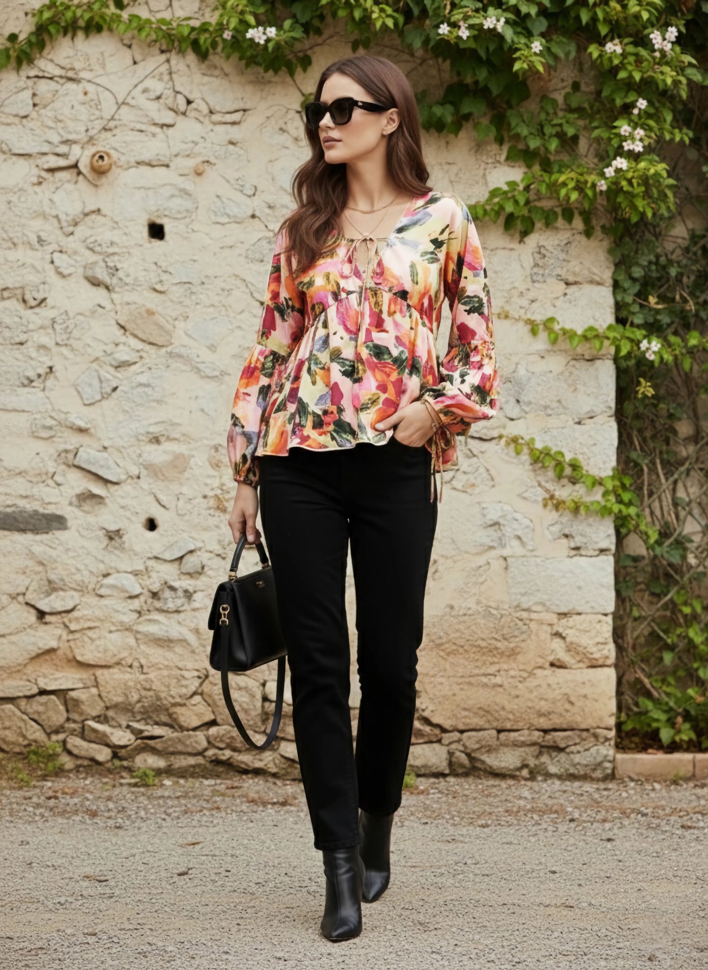 Berrylush Women Pink & Multicolour Abstract Printed V-Neck Bishop Sleeves Front Tie-Up Ruffled Regular Peplum Top