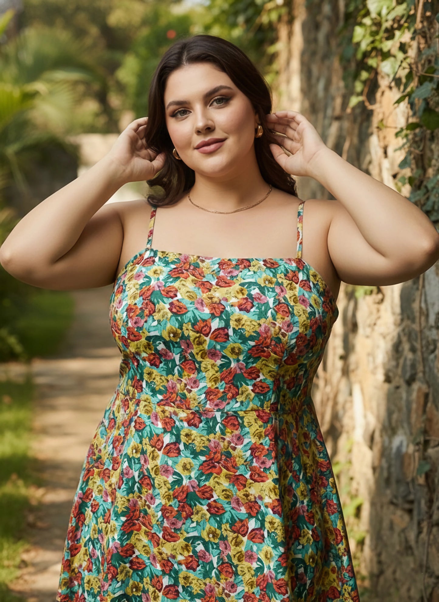 Curve Red, Yellow, & Green Floral Printed Square Neck Sleeveless Crepe Fit & Flare Mini Dress