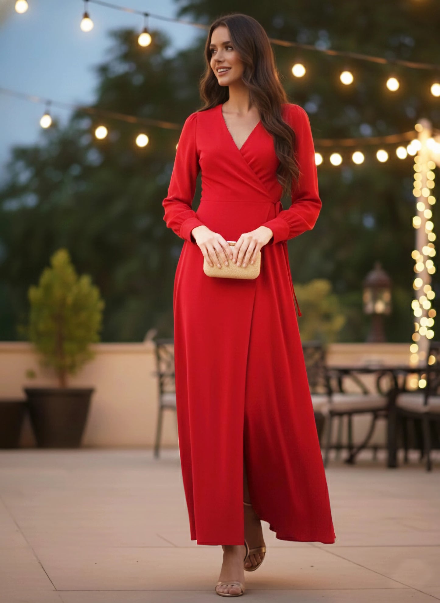 Berrylush Women Solid Red V-Neck Waist Tie-Up Thigh-High Slit Flared Maxi Dress