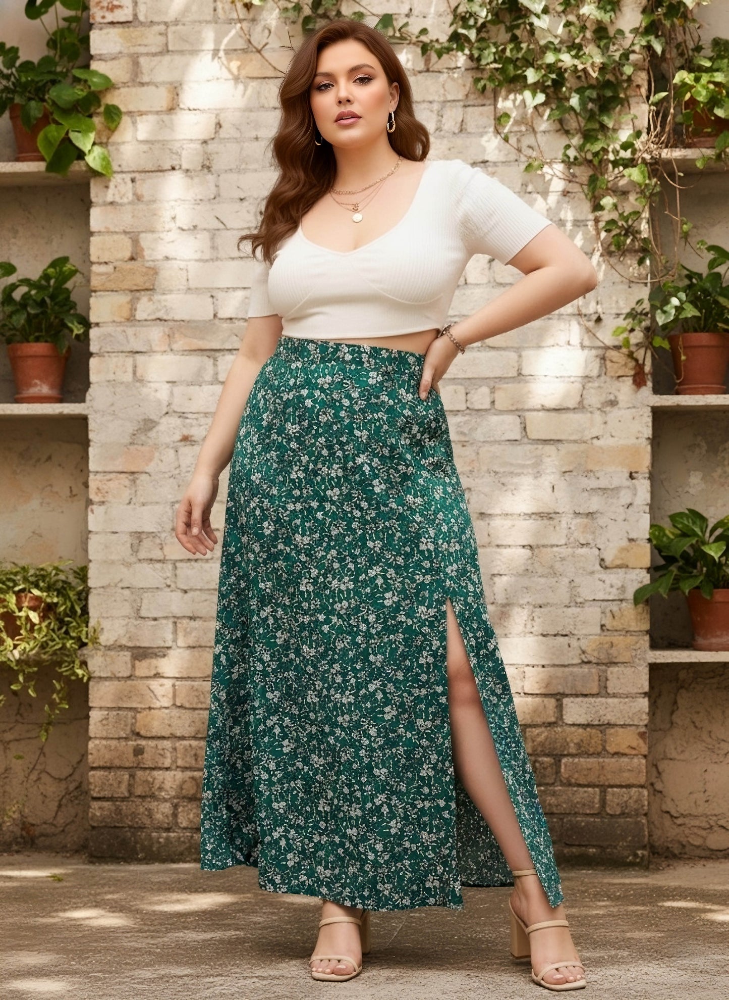 Berrylush Curve Women Green Floral Print High-Rise Side Slit Flared Maxi Skirt