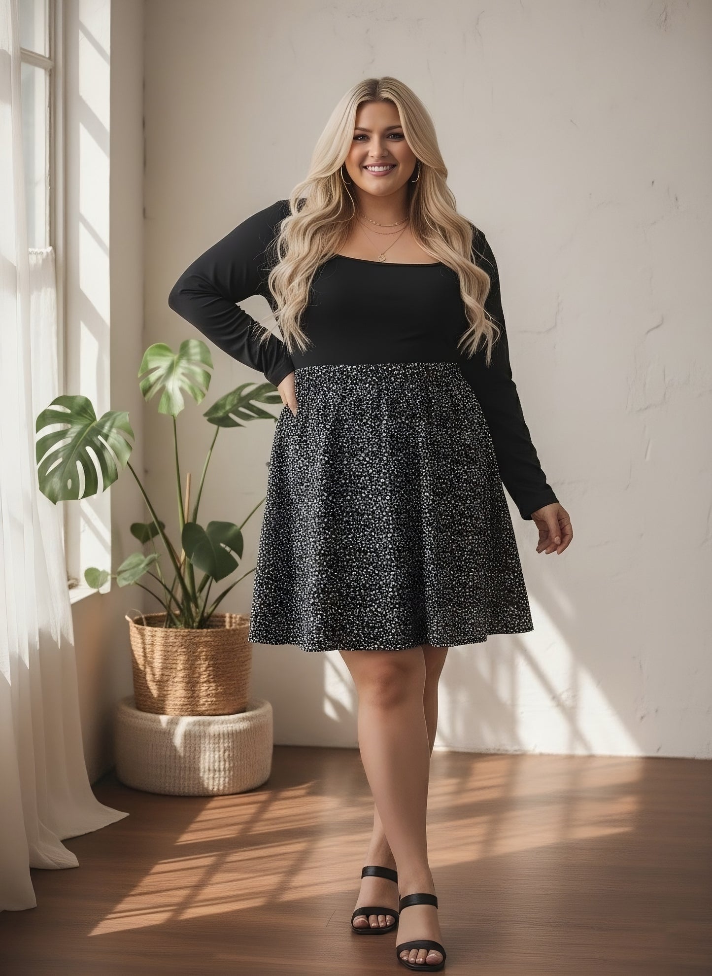 Berrylush Curve Women Black & White Ditsy Floral Printed Square Neck Long Sleeves Flared A-Line Mini Dress