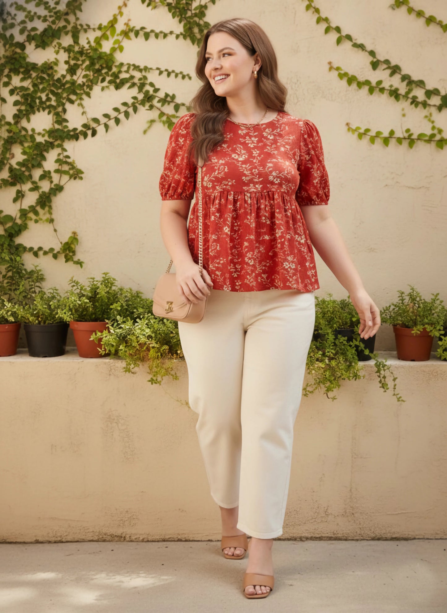 Curve Red & White Floral Printed Round Neck Back Keyhole Pleated Regular Peplum Top