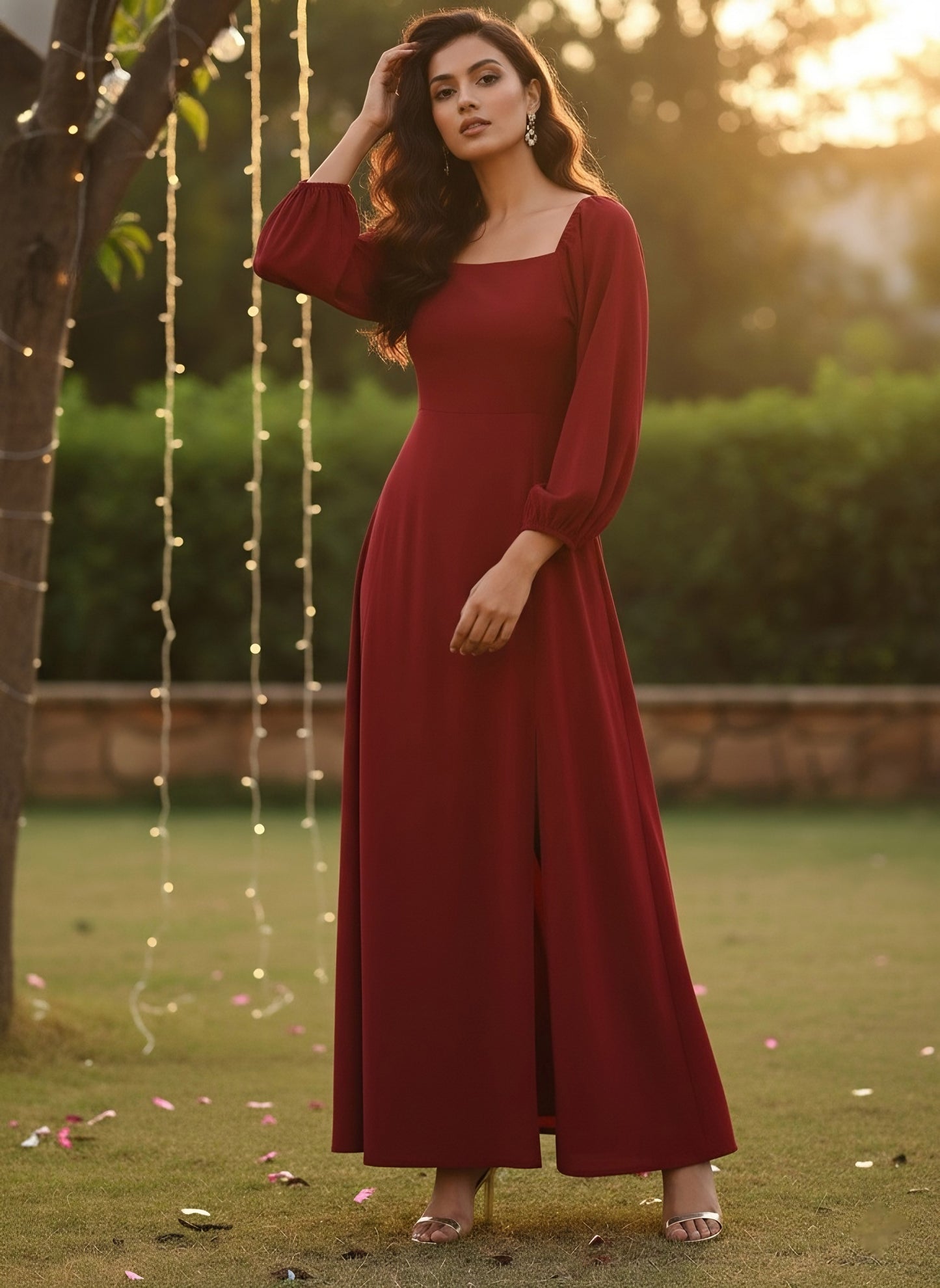 Berrylush Women Solid Red Puffed Sleeve Maxi Dress