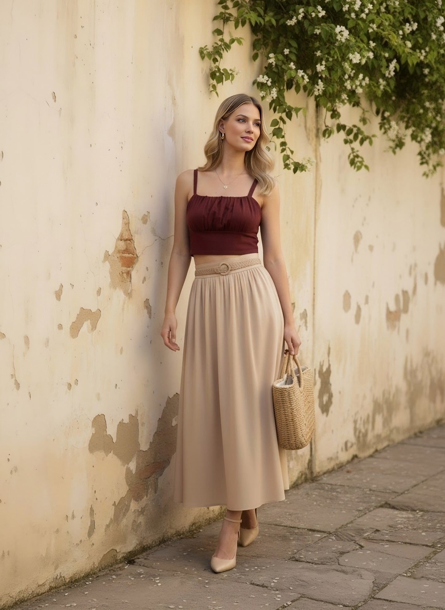 Berrylush Women Solid Maroon Square Neck Sleeveless Crepe Smocked Crop Top