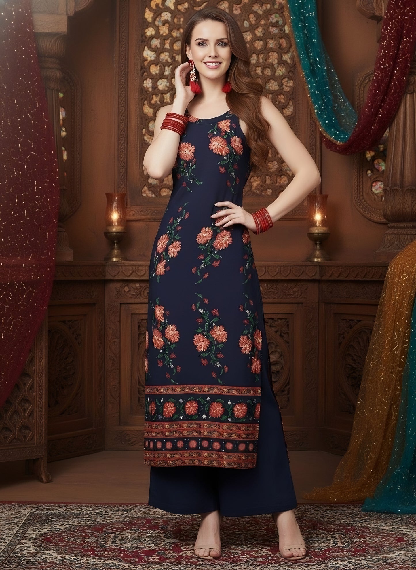 Berrylush Women Navy Blue & Orange Floral Printed Scoop-Neck Side-Slit Straight Kurta