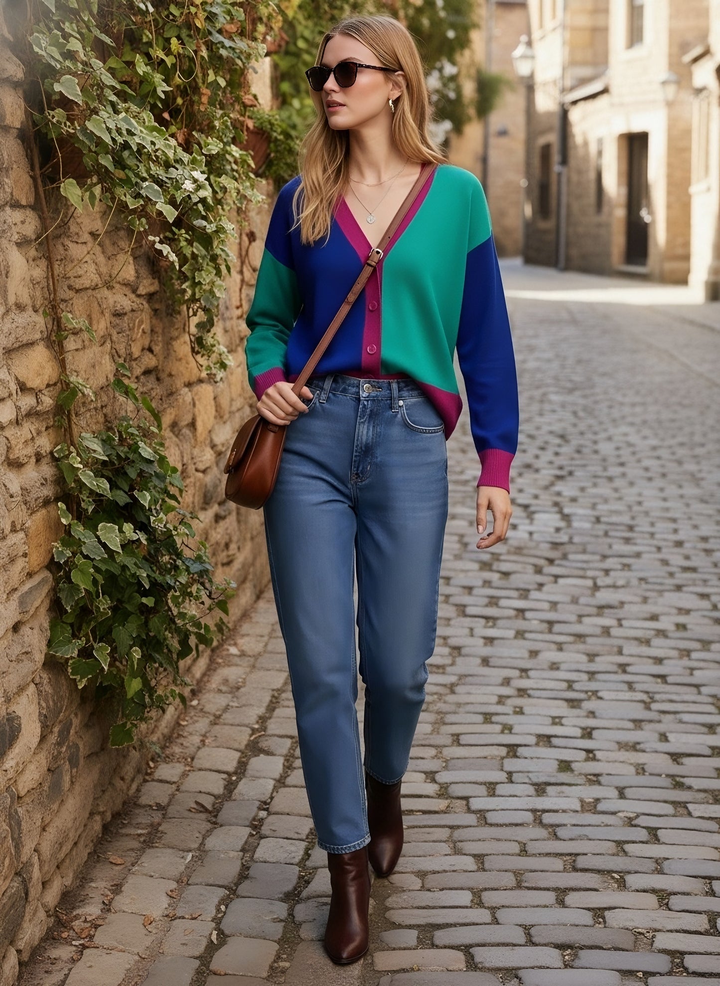 Berrylush Women Colourblocked Pink, Green, & Blue V-Neck Drop-Shoulder Sleeves Front Button-Up Straight Hem Knitted Regular Cardigan