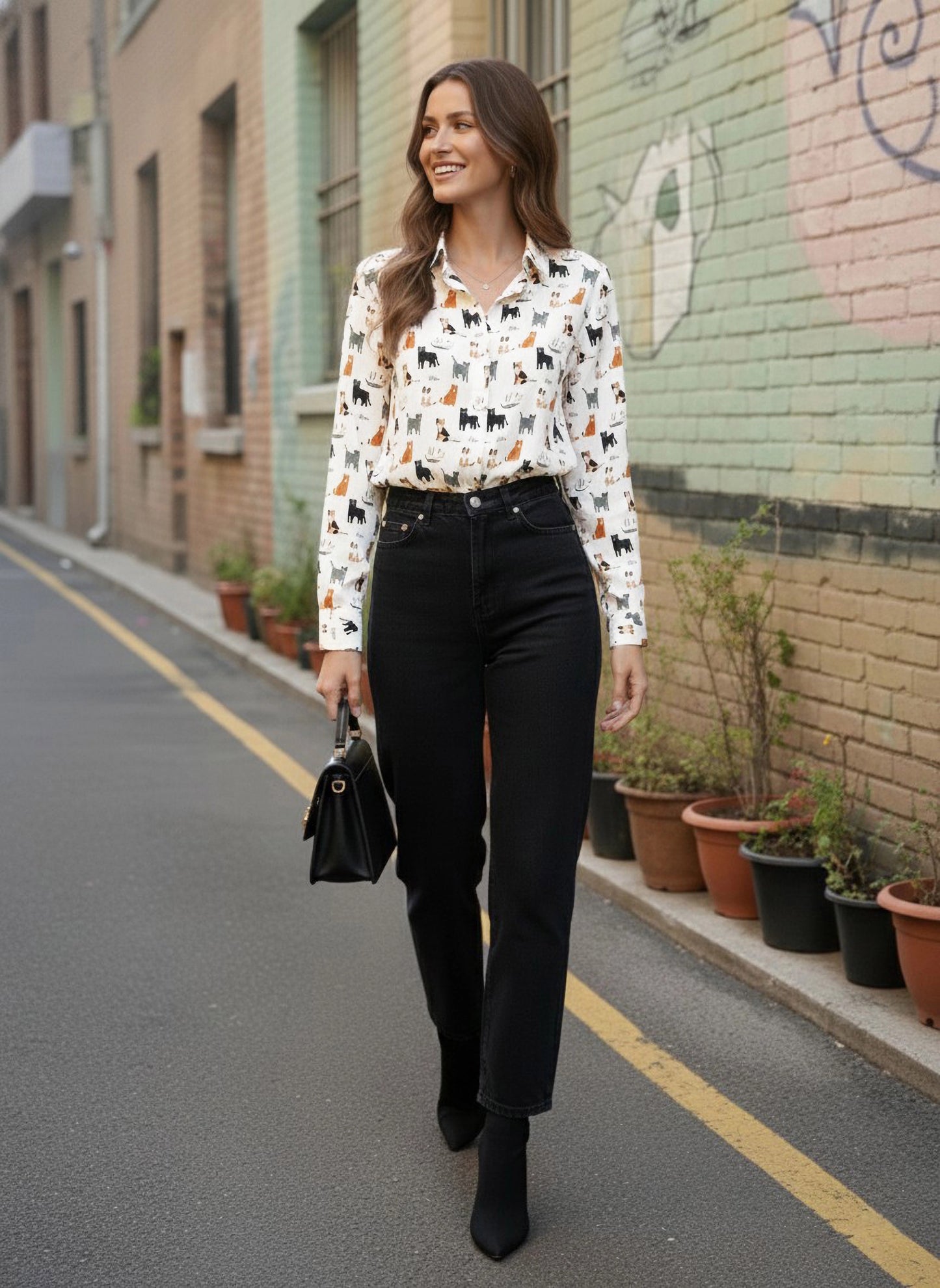 Berrylush Women White & Black Cat Print Spread Collar Neck Front Button-Up Straight Hem Regular Shirt