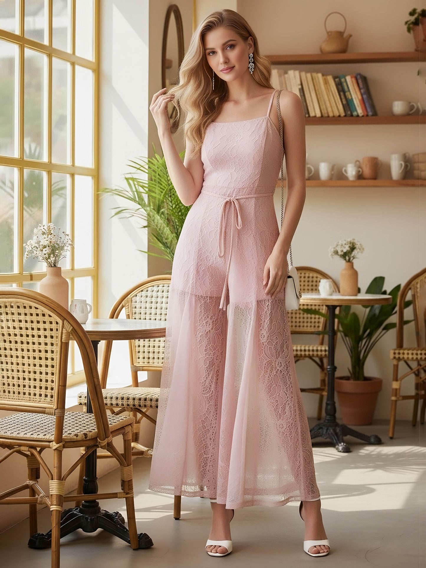 Berrylush Women Solid Pink Square Neck Sleeveless Cotton Waist Tie-Up Straight Hem Maxi Jumpsuit