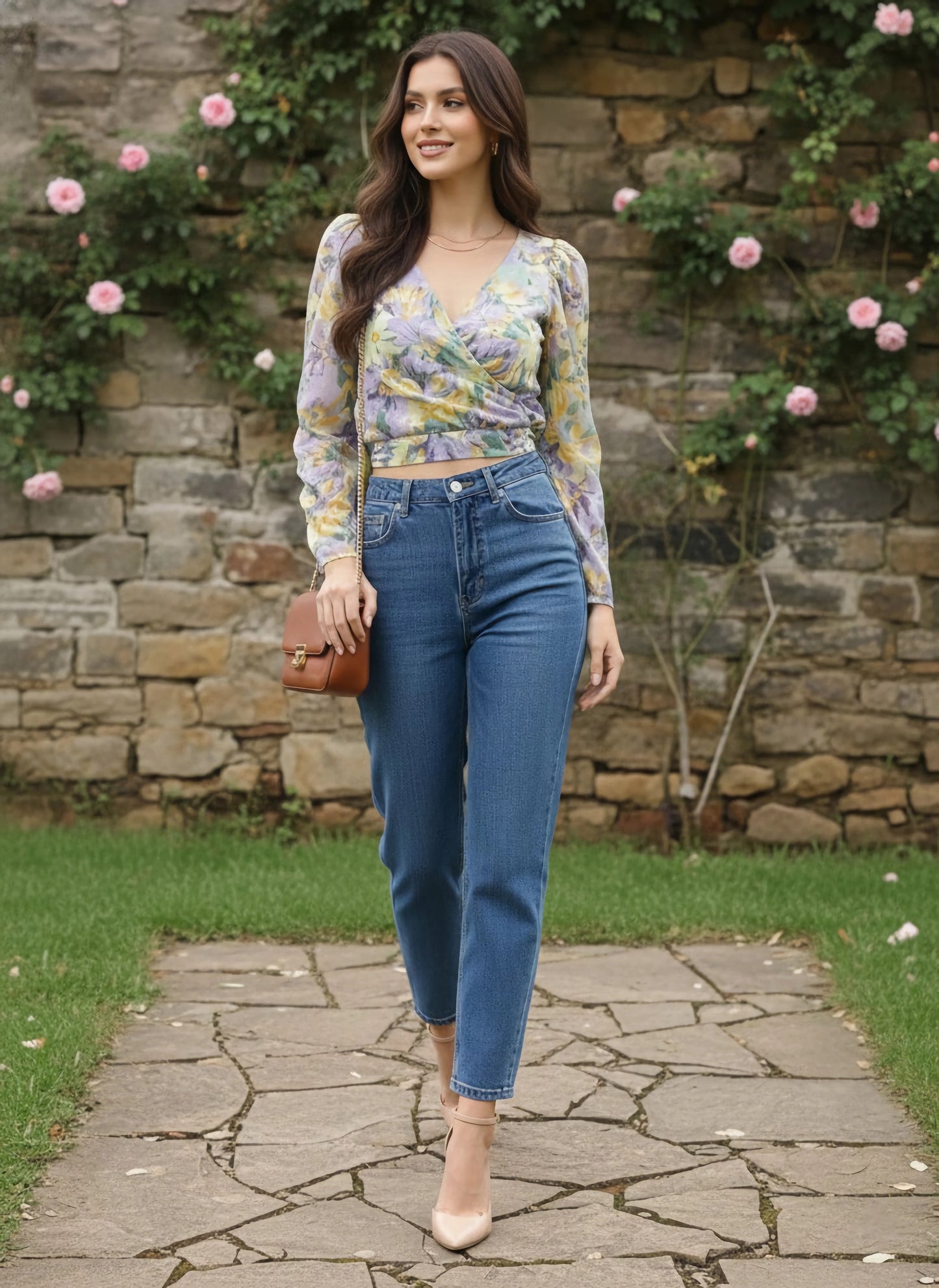 Berrylush Women Purple & Green Floral Print Sweetheart Georgette Wrap Top