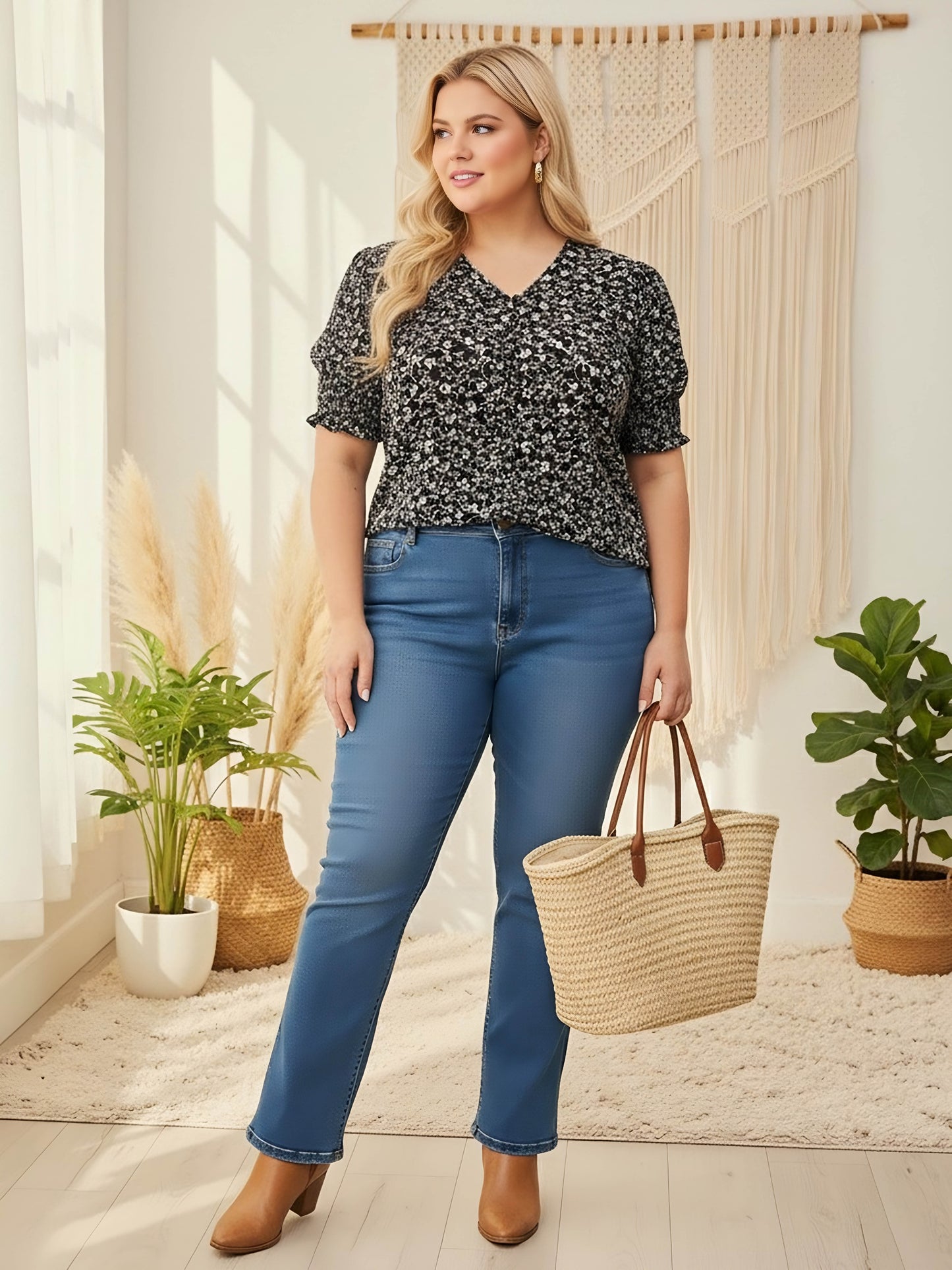 Berrylush Women Plus Size Black & White Floral Printed V-Neck Puff Sleeves Button-Up Smocked Regular Top