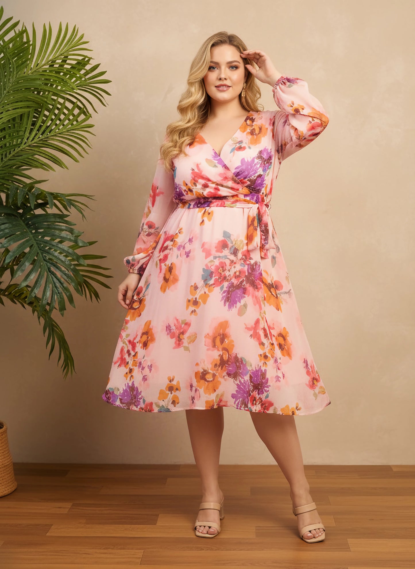 Berrylush Curve Women Pink & Purple Floral Printed V-Neck Bishop Sleeves Tie-Up Waist Pleated Fit & Flare Mini Dress