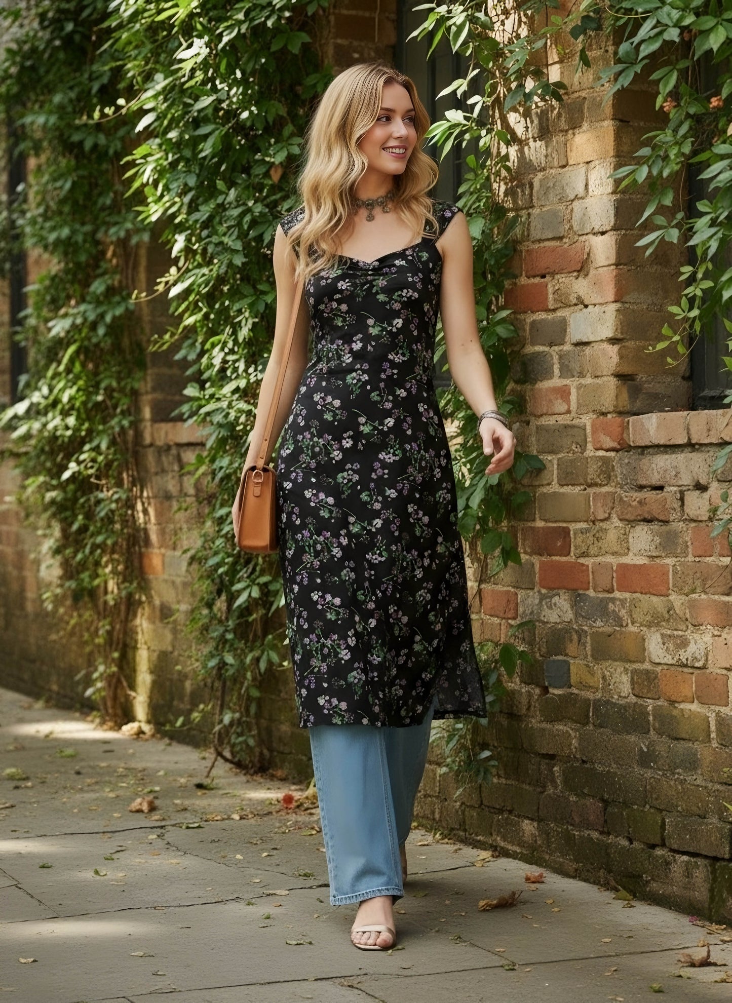 Berrylush Women Black & Green Floral Printed Sweetheart Neck Side Slited Midi Kurta