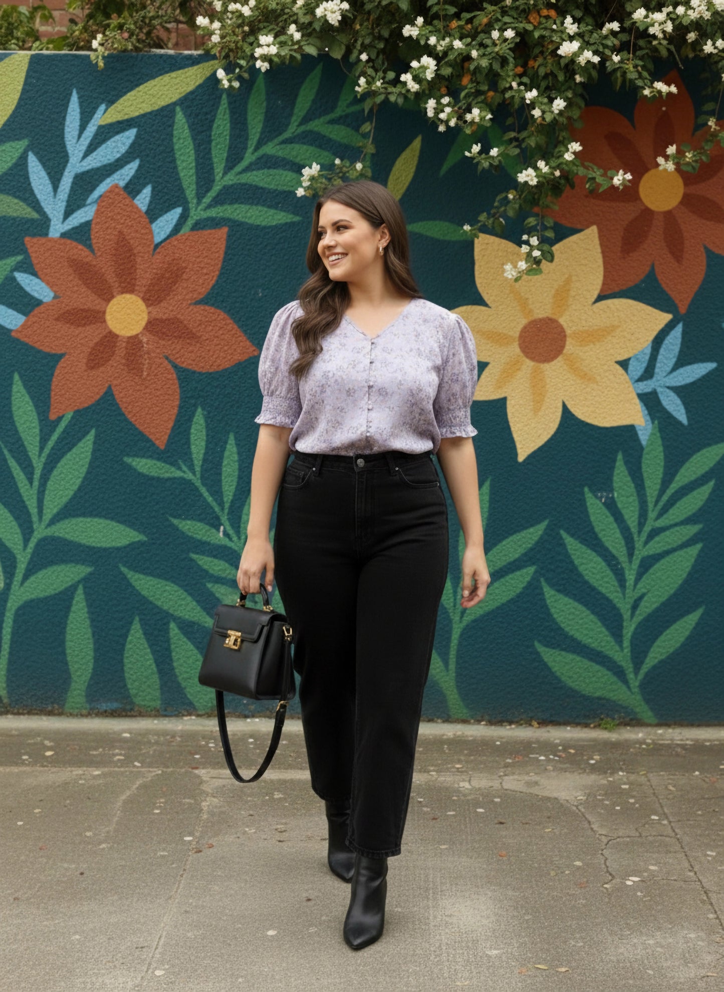 Plus Size Purple Floral Printed V-Neck Puff Sleeves Button-Up Crepe Smocked Regular Top