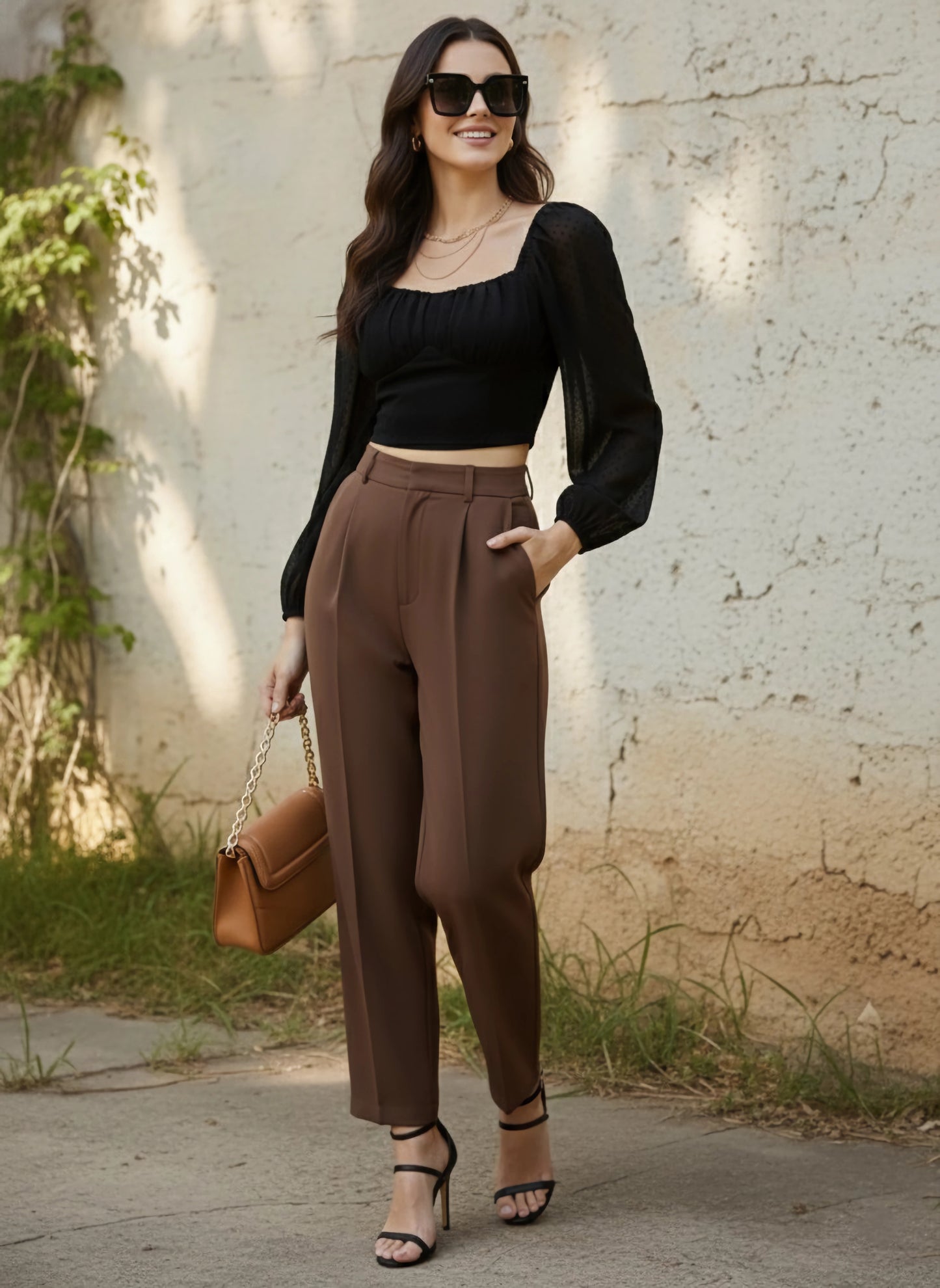 Berrylush Women Solid Black Dobby Weave Sweetheart Neck Puff Sleeve Crepe Smocked Crop Top