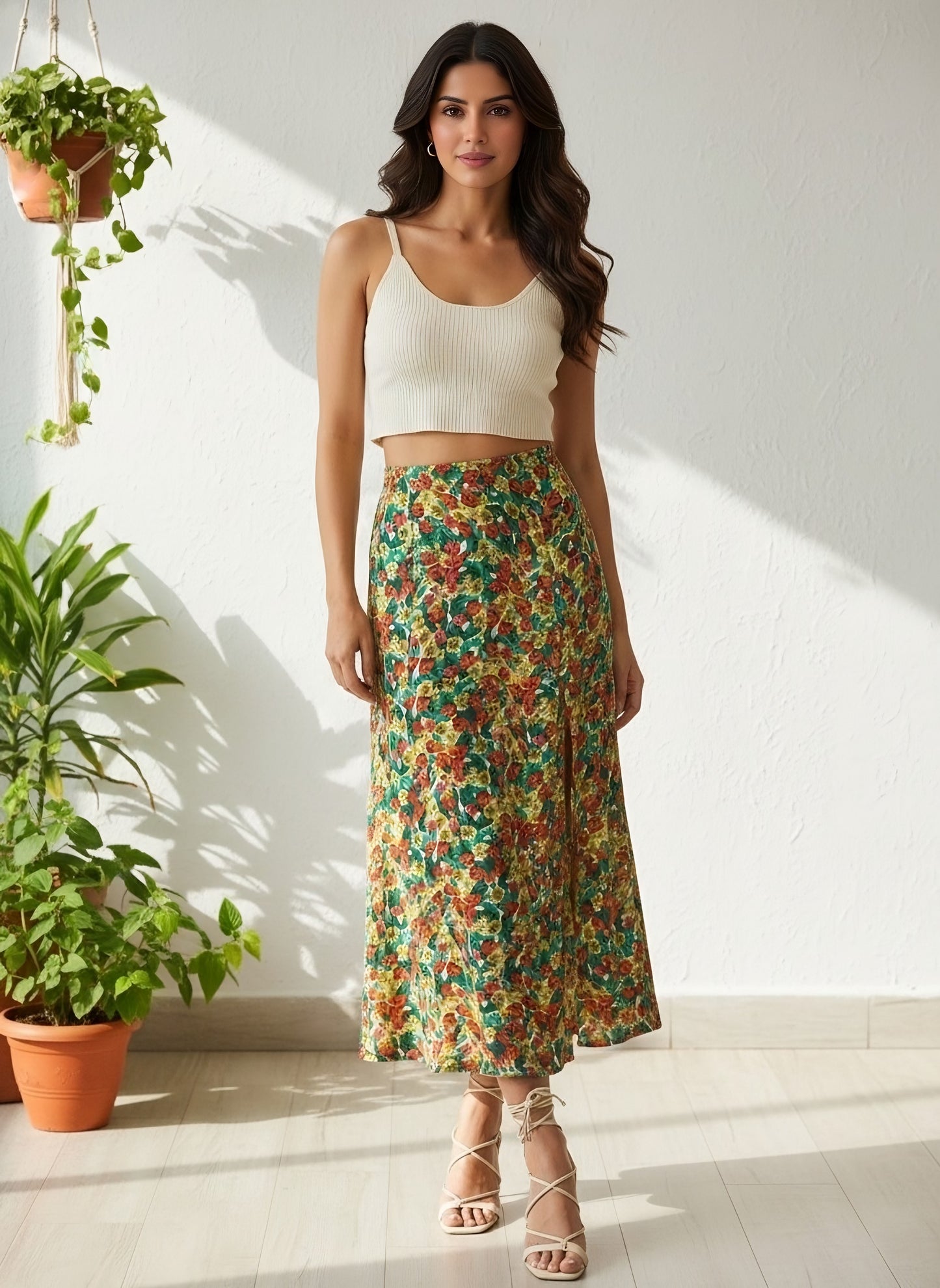 Berrylush Women Green & Red Floral Printed Thigh-High Slit Flared A-Line Midi Skirt