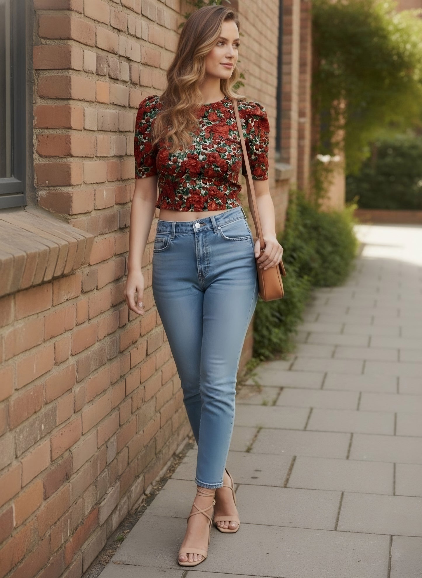 Berrylush Women Red & Green Floral Printed Round Neck Tie-Up Back Crepe Fitted Crop Top