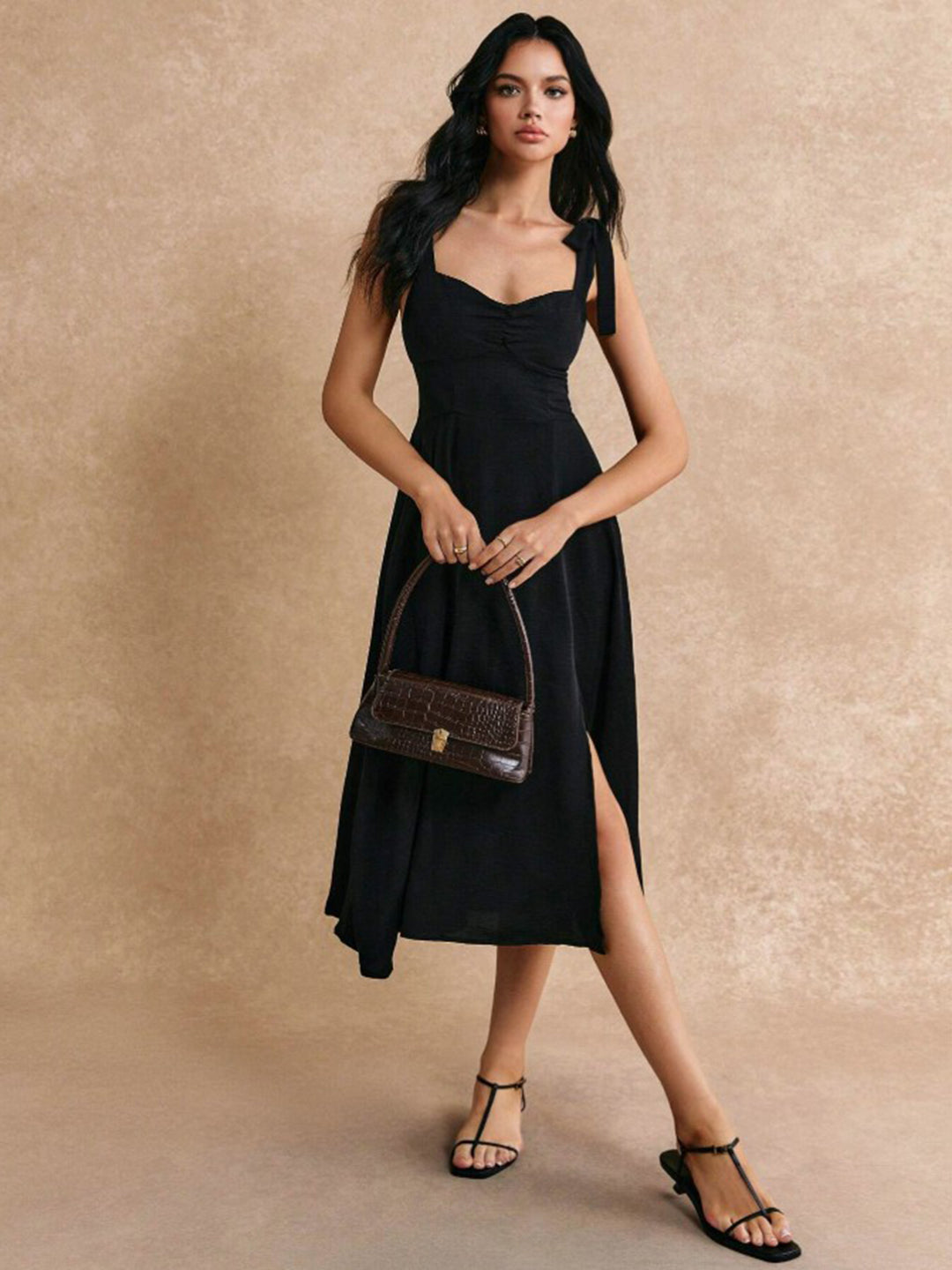 Berrylush Women Black Solid Shoulder Straps Split Thigh A-Line Midi Dress