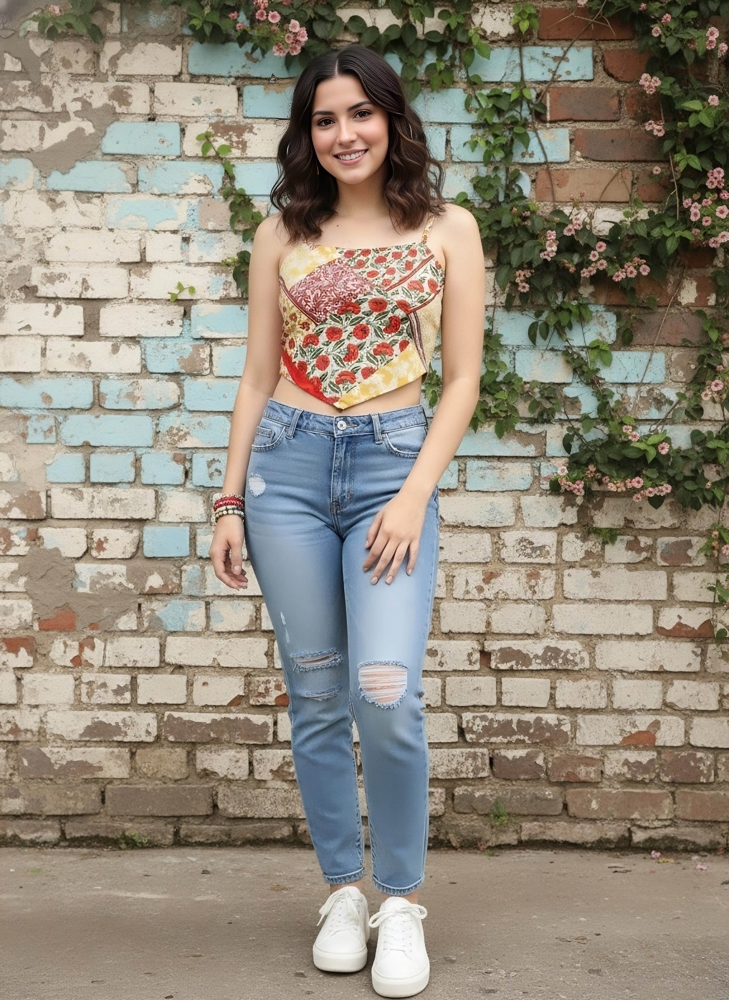 Berrylush Women Red & White Floral Print Crepe Tank Crop Top